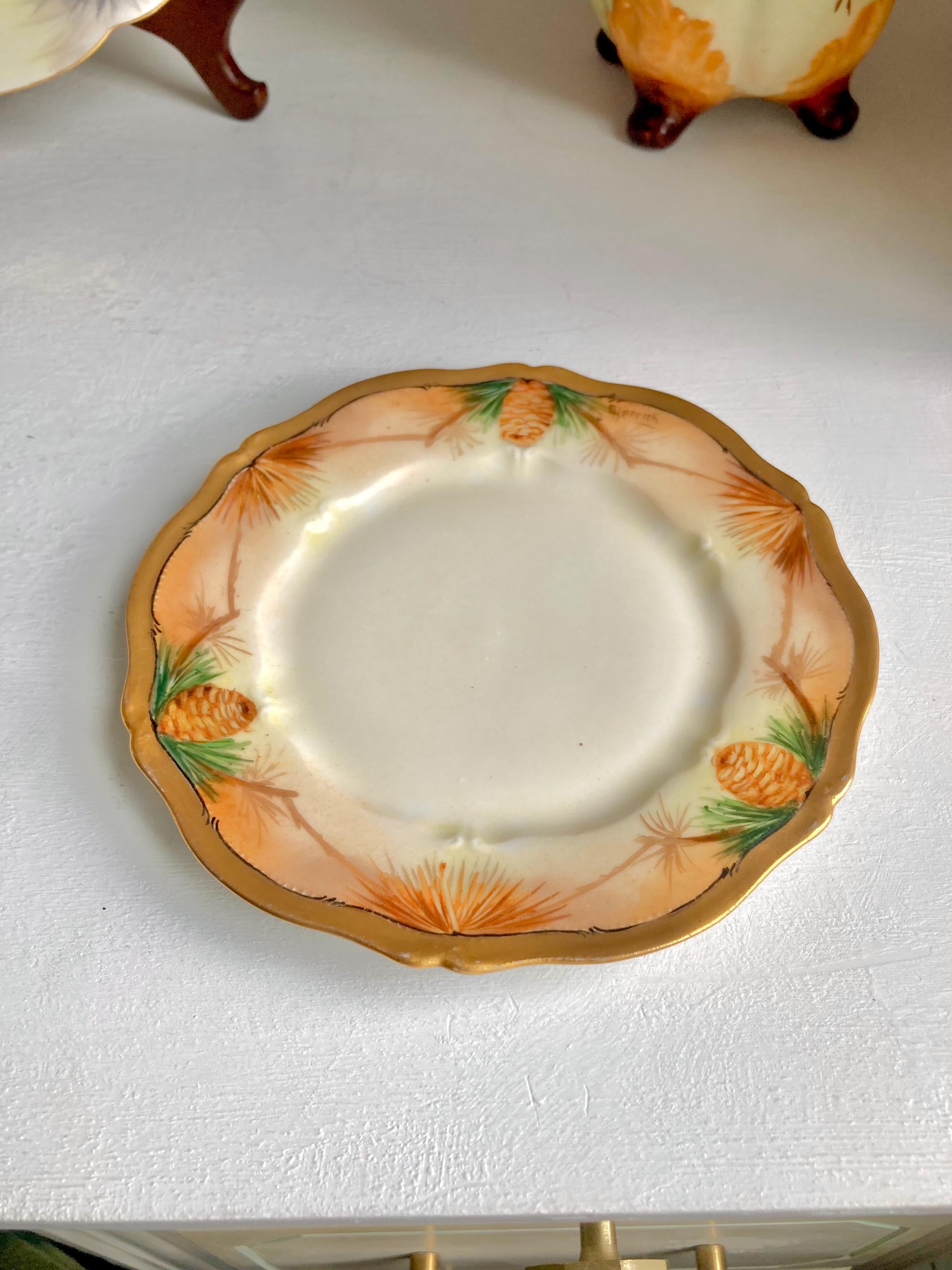 Antique Limoges Bread Plate – Hand-Painted Pine Cone Motif, Gold Rim