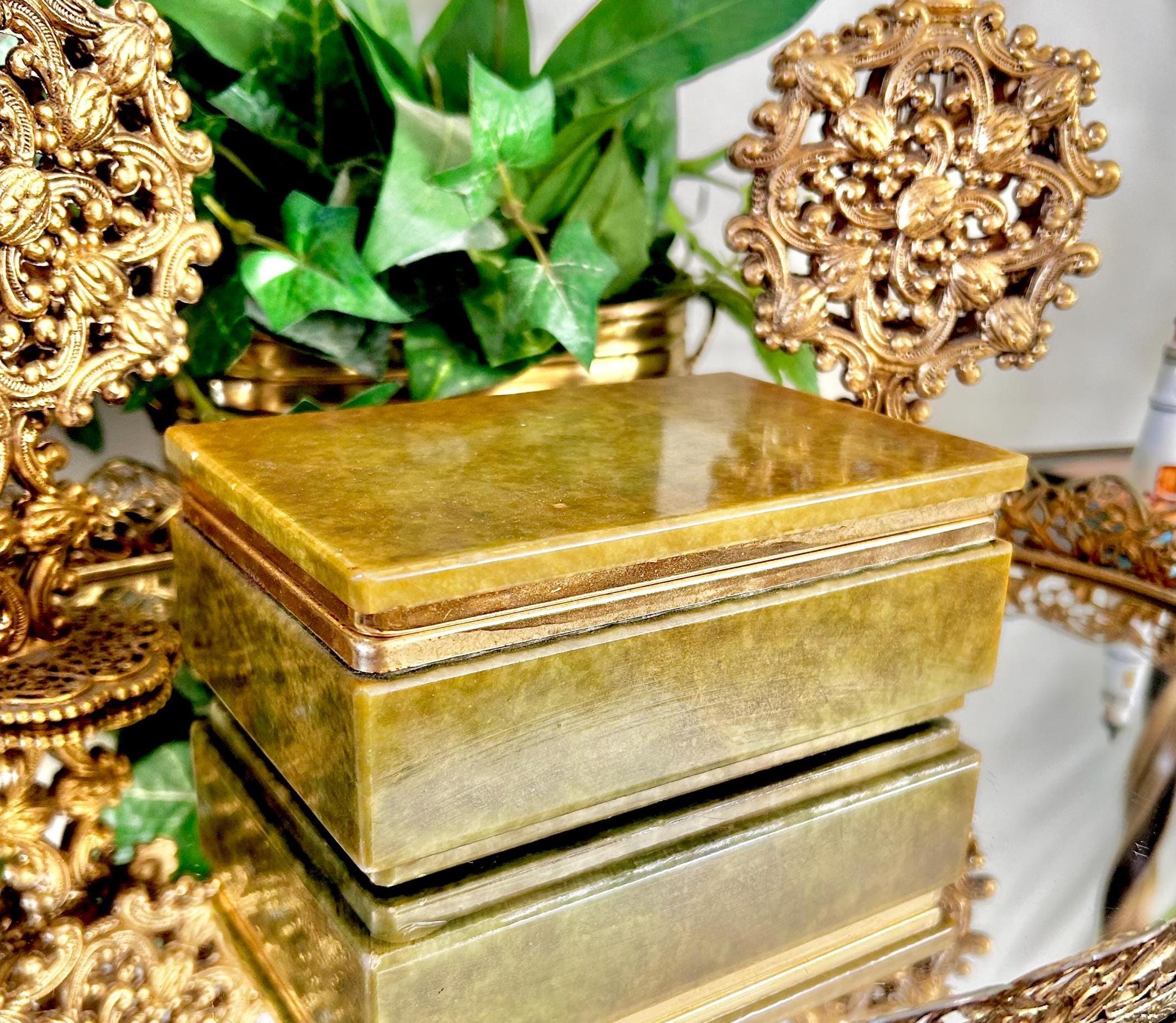 Vintage Olive Green Alabaster Hinged Jewelry Box with gold Tone Trim, Footed