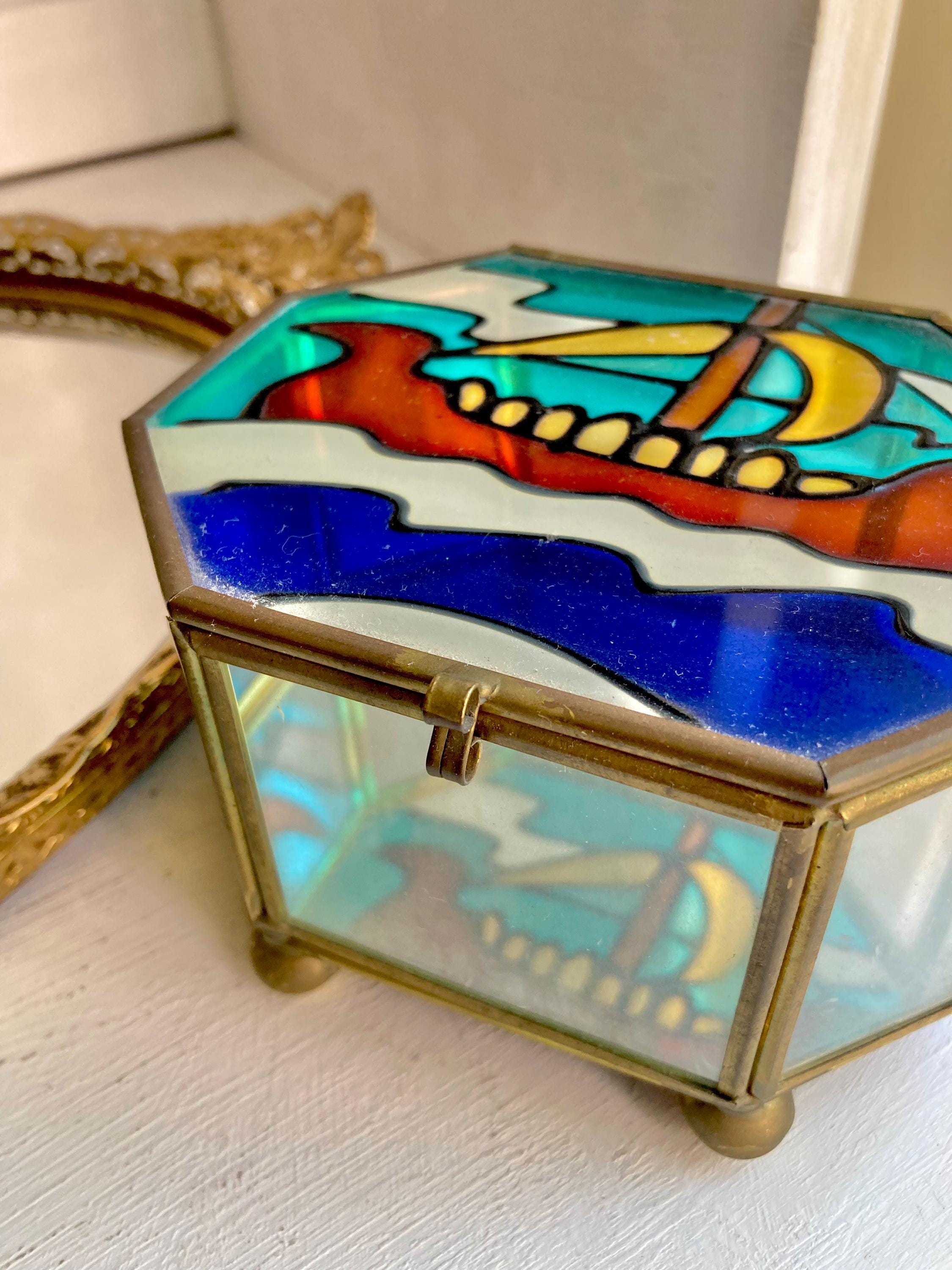 Vintage Nautical Stained Glass and Brass Jewelry Box