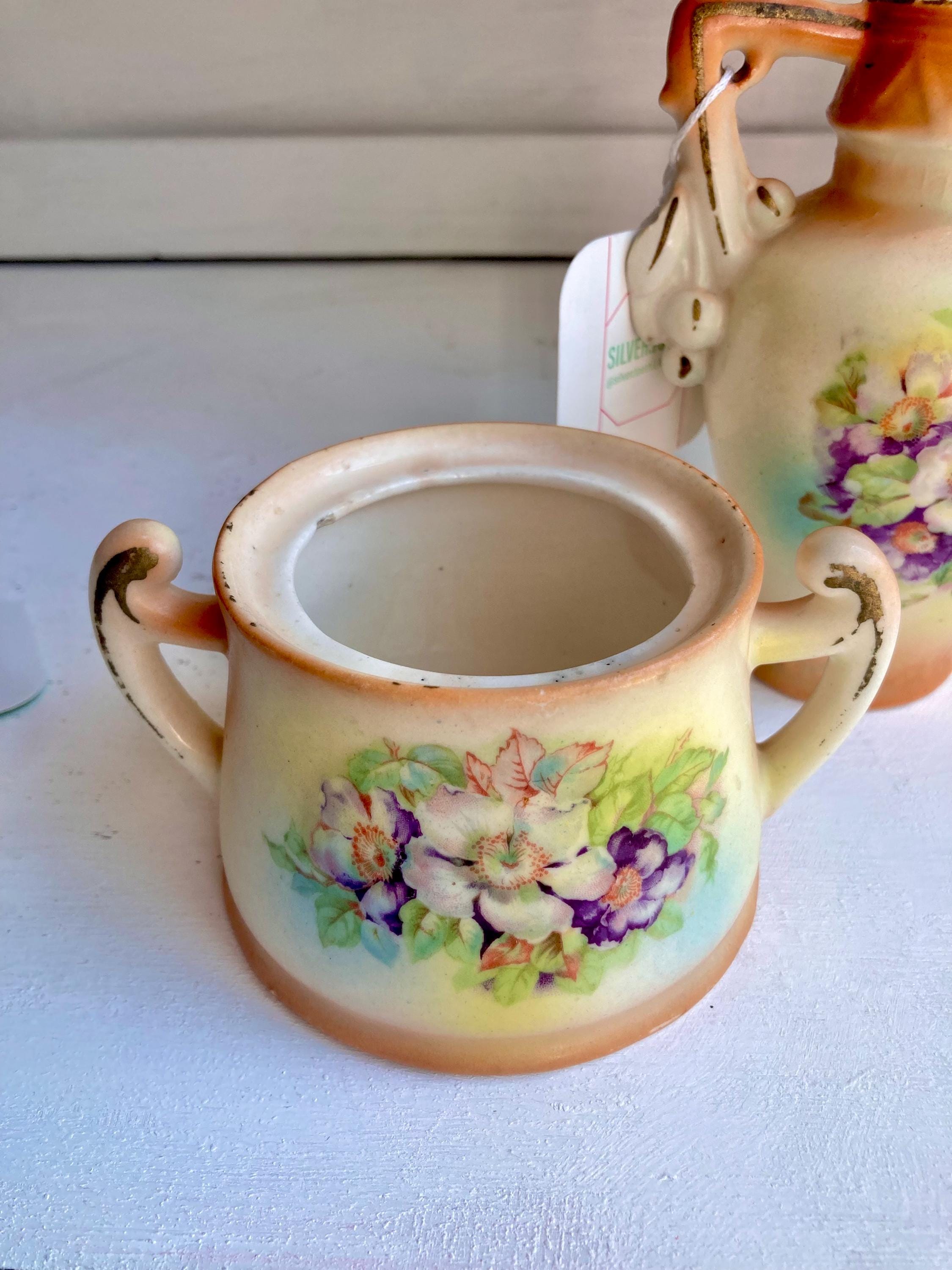 Vintage Czechoslovakia Dogwood Rose Ceramic Set: Lidded Sugar Bowl & Vase