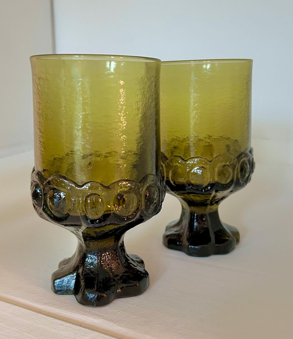 MCM Avocado Green Glass Tiffin Madeira Footed Tumblers - Thick Textured Goblets - SOLD INDIVIDUALLY