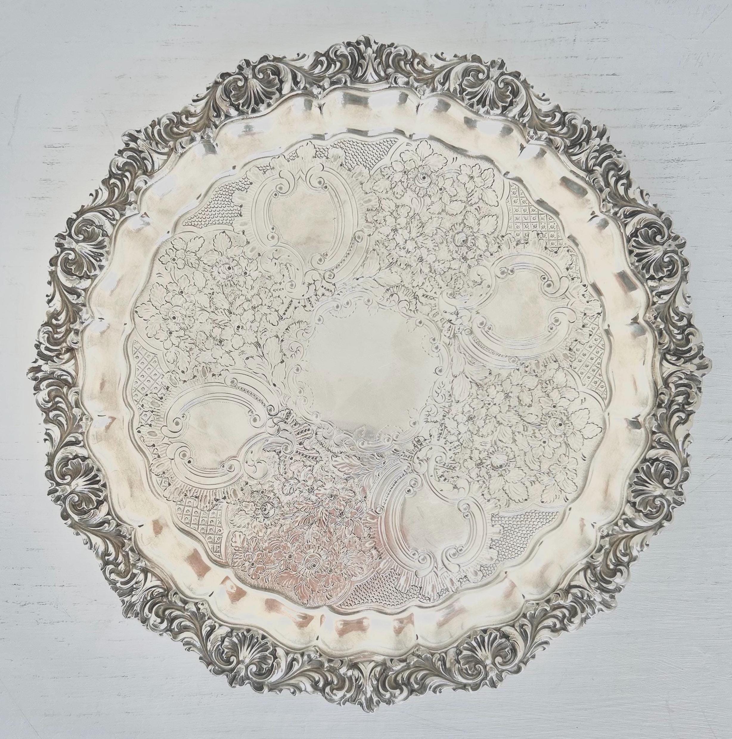 Vintage Silverplate Salver: Ornate Floral Etching, Footed Display Tray