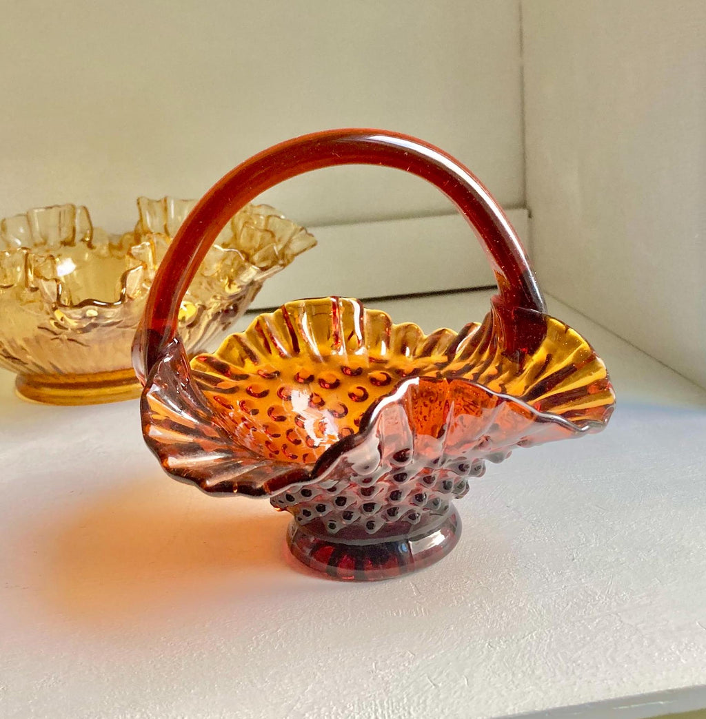 Vintage Amber Art Glass Bowl: Fenton, IVIMA Ruffled Rim Compote