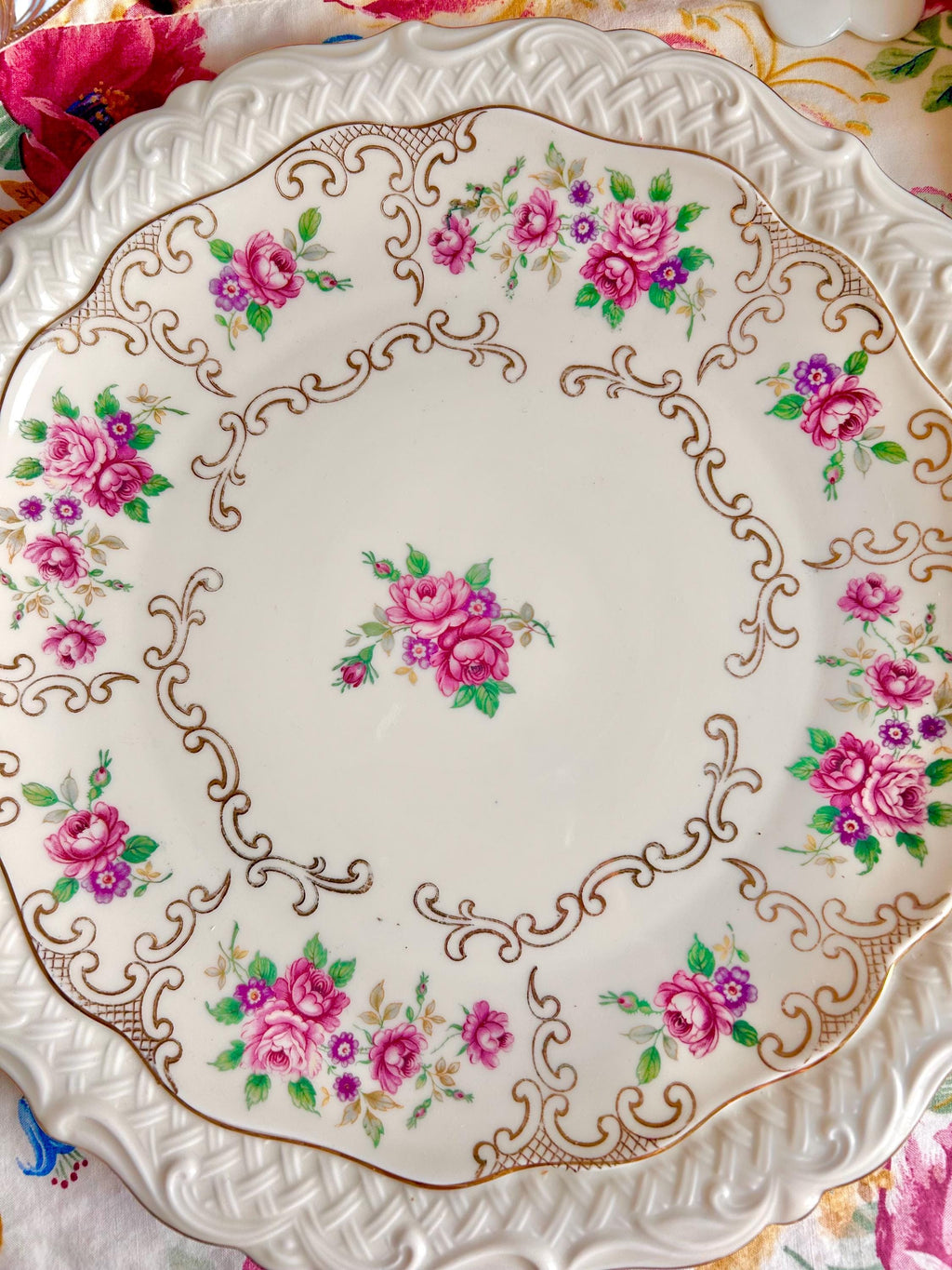 Vintage Bavaria Porcelain Platter: 12" Floral Basketweave Gold Trim