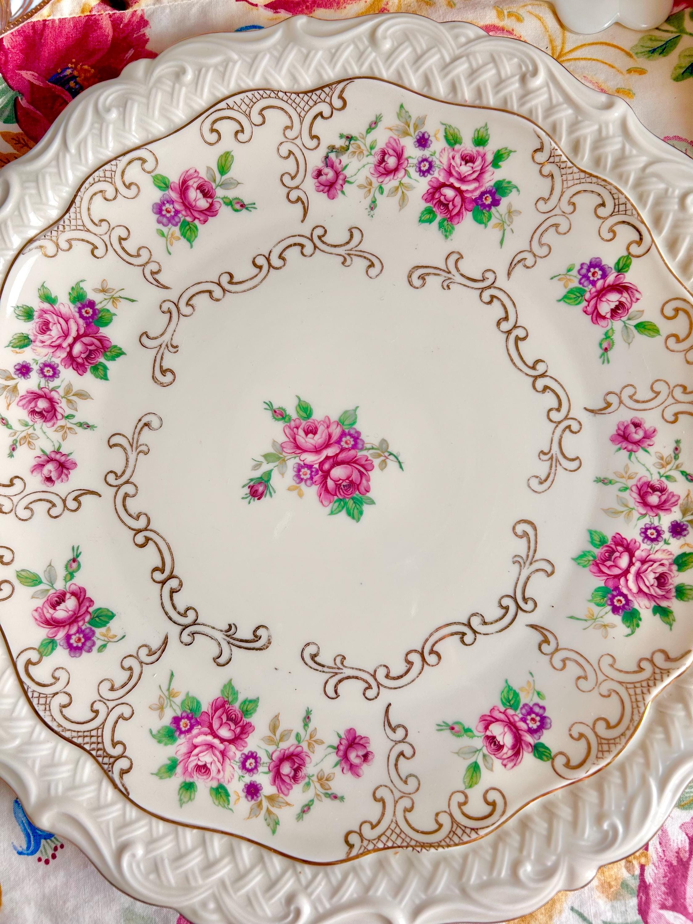 Vintage Bavaria Porcelain Platter: 12" Floral Basketweave Gold Trim