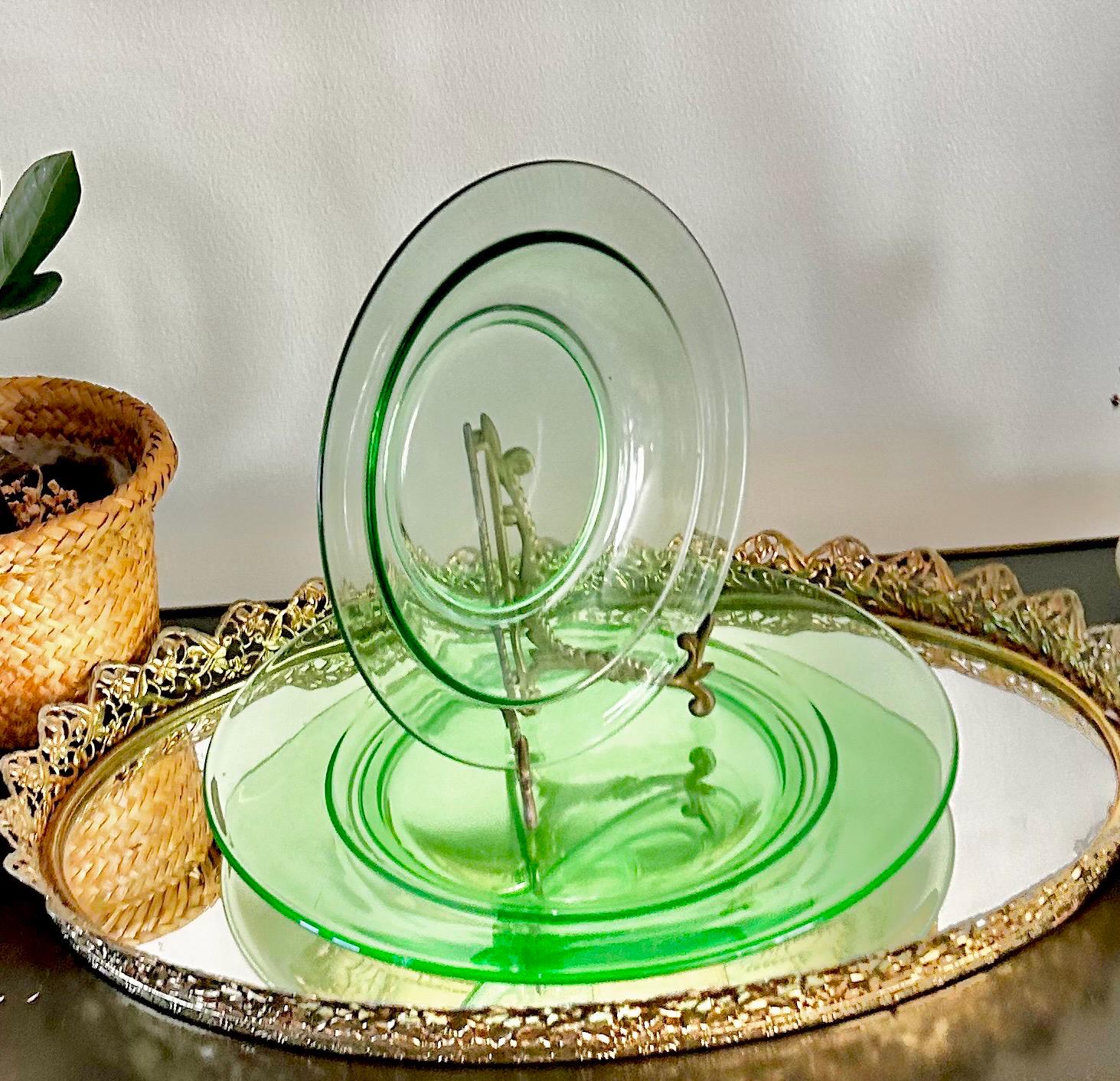 Vintage Uranium Green Heavy Pressed Glass Two-piece Dining Set
