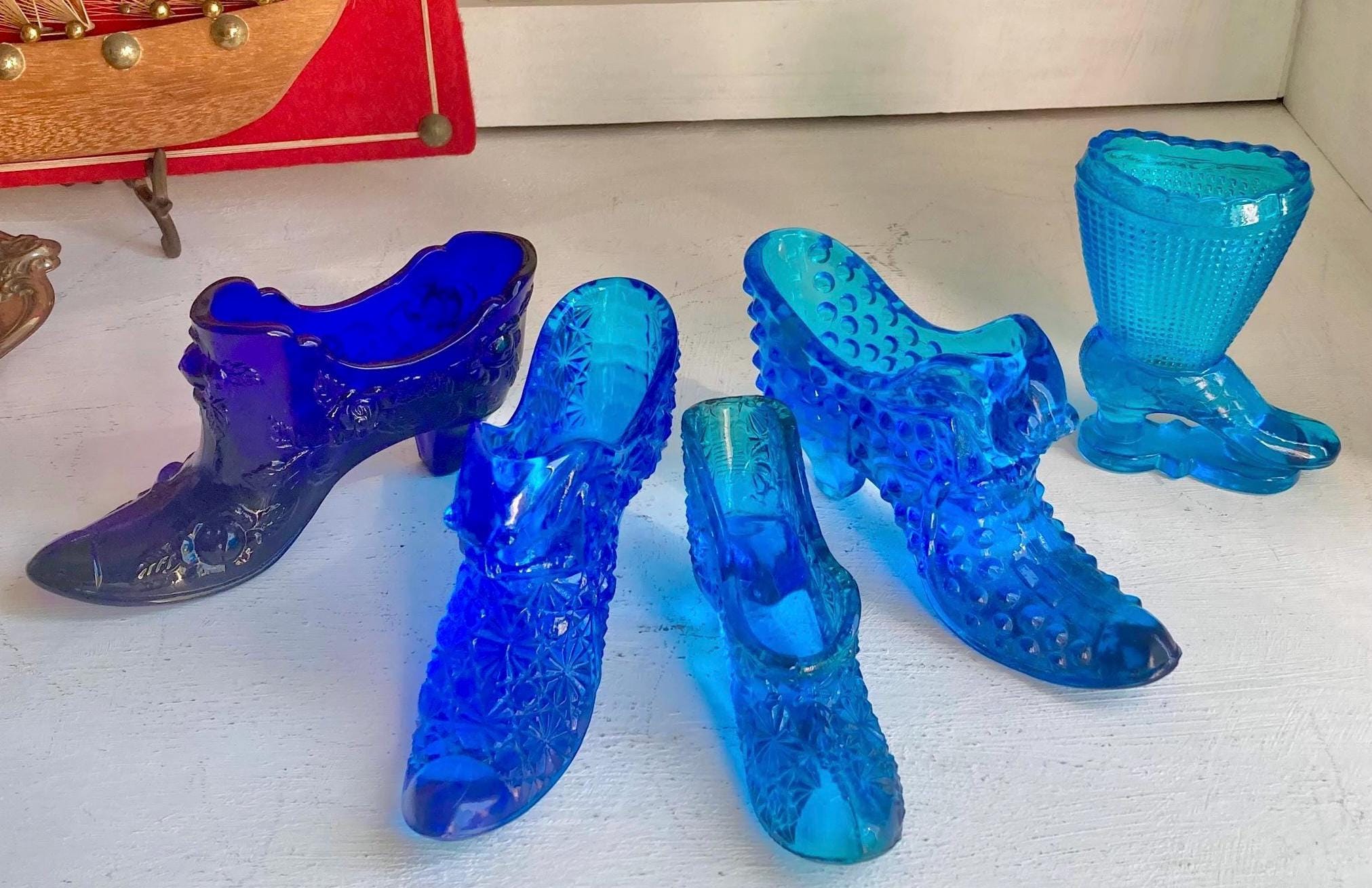 Vintage Blue Glass Slippers: Fenton, LE Smith, Hobnail, Daisy Button