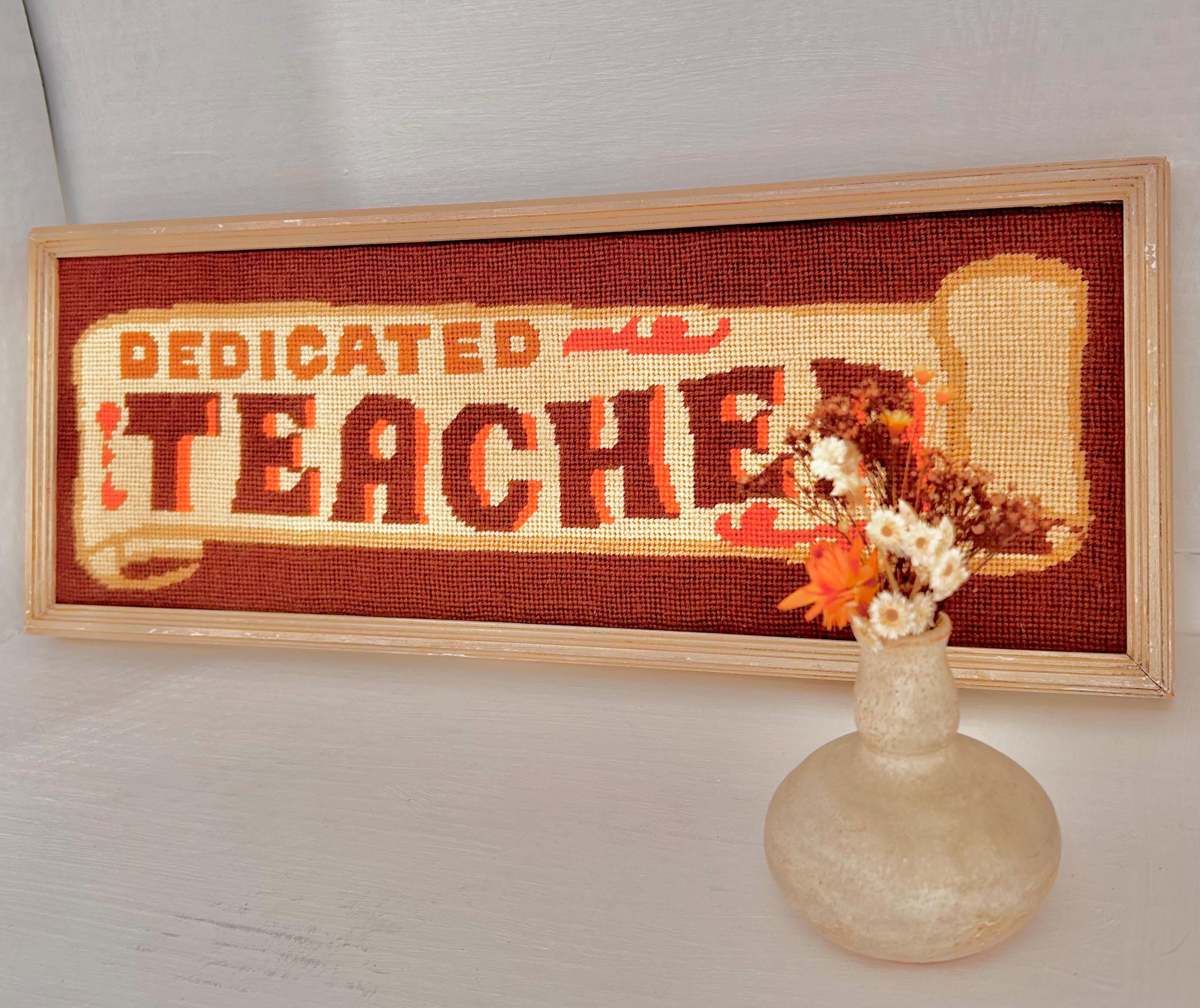 Vintage Framed Needlepoint Art: "Dedicated Teacher" Crewel Yarn Picture