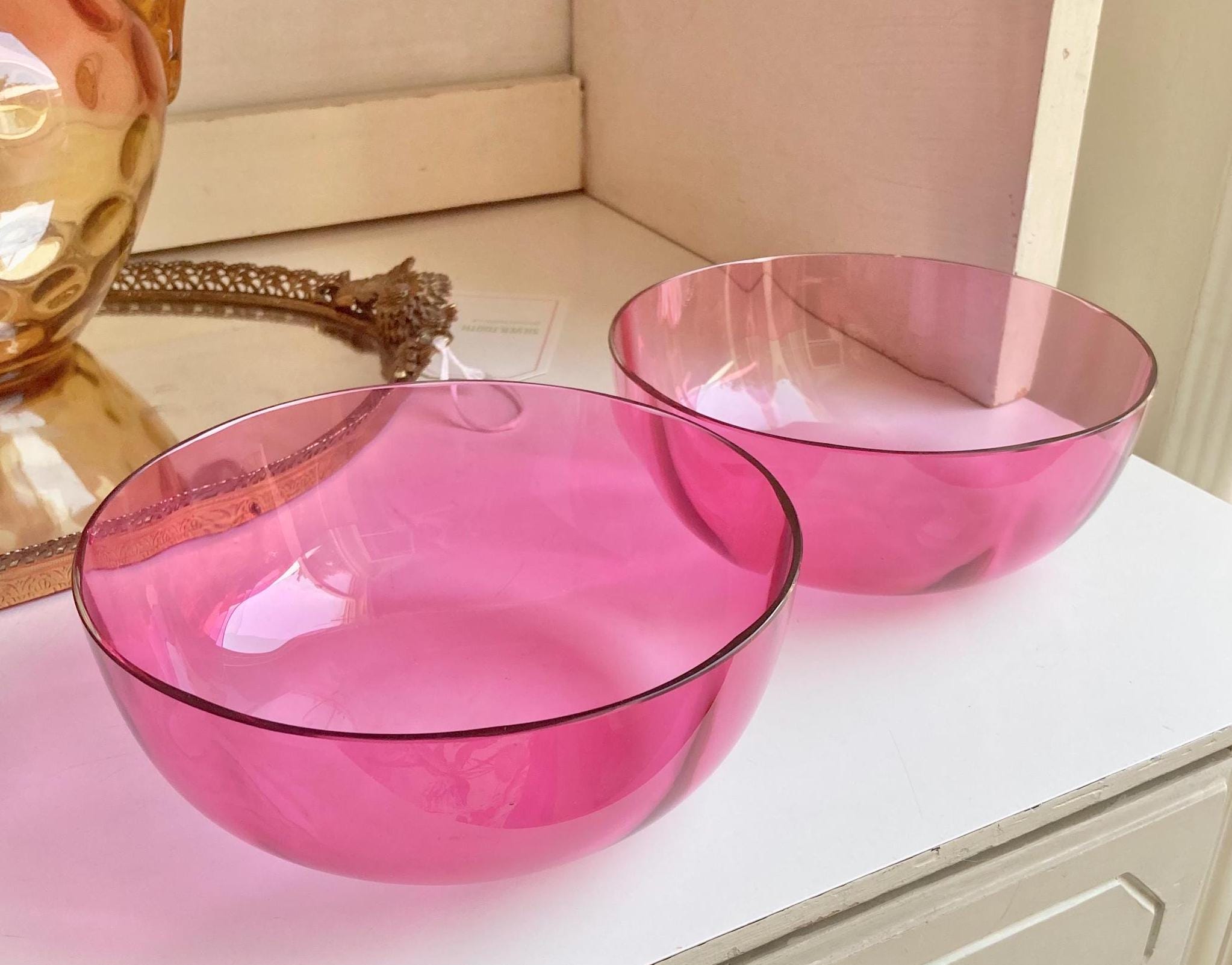 Pair of Antique Victorian Optic Blown Glass Textured Cranberry Pink Bowls - Set of 2