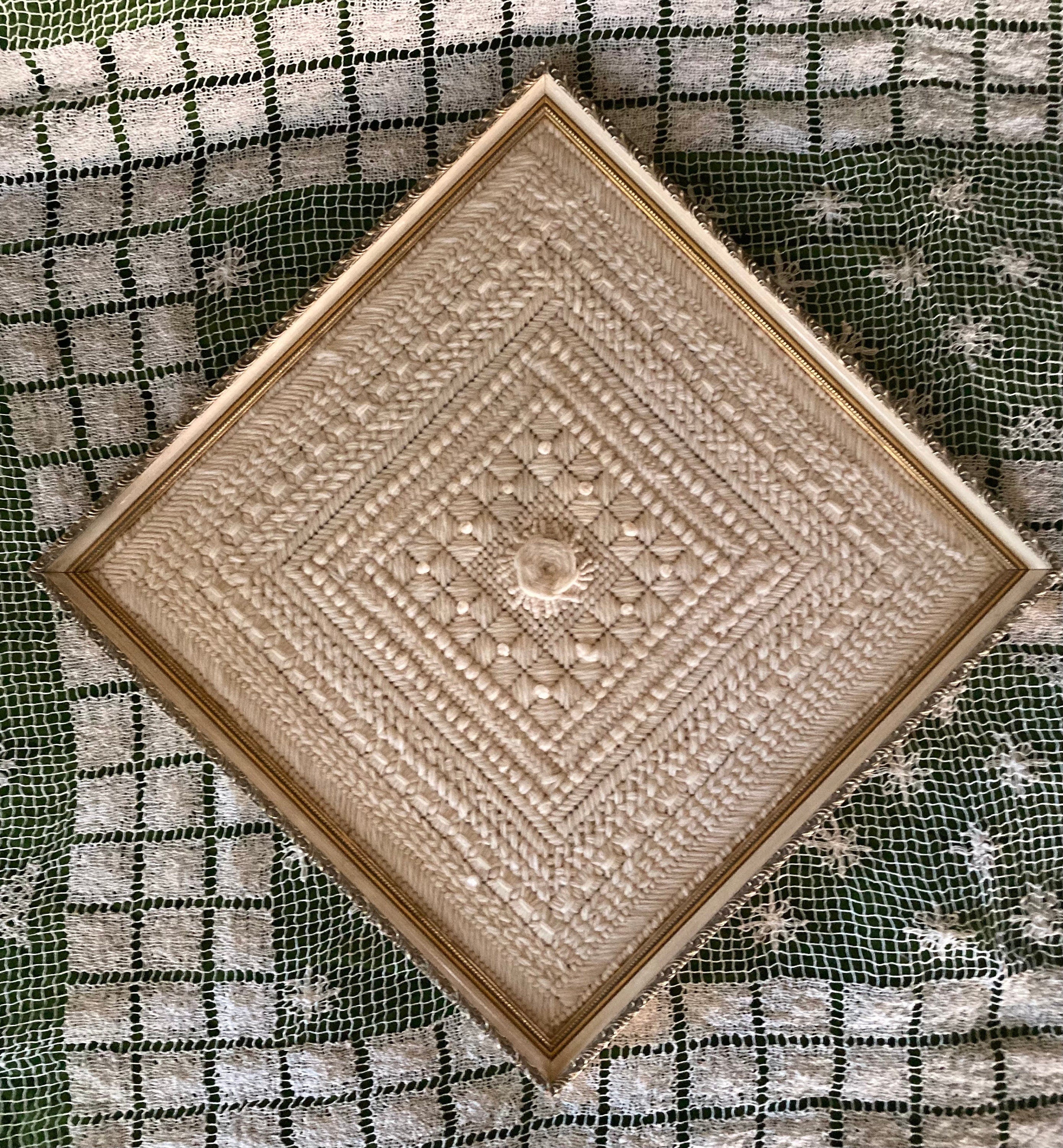 Vintage Yarn Art in Gilt Frame: Cream Boho Wall Decor (20x20)