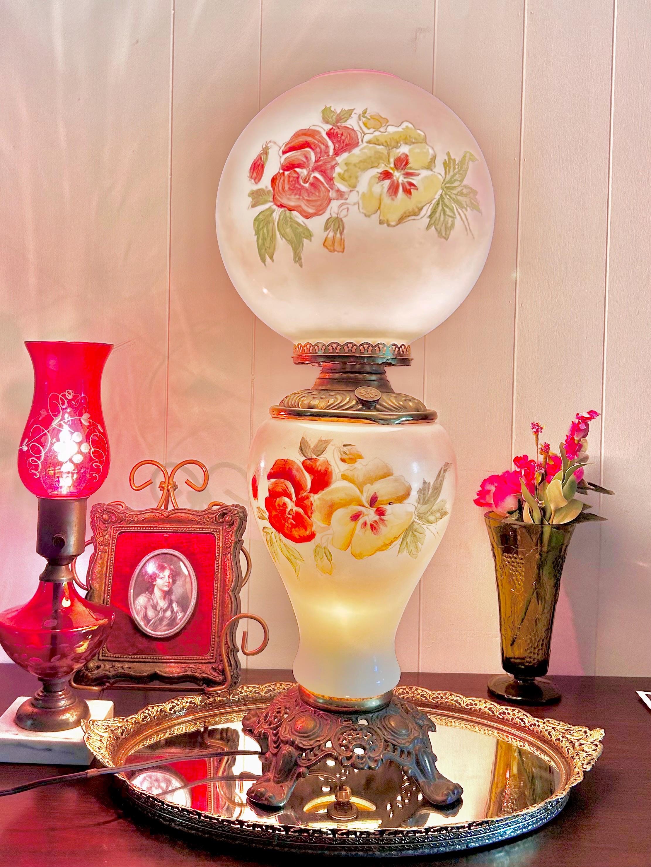Vintage Pink Tinted Milk Glass Hurricane Lamp: Hand-Painted Pansies, Brass Accents