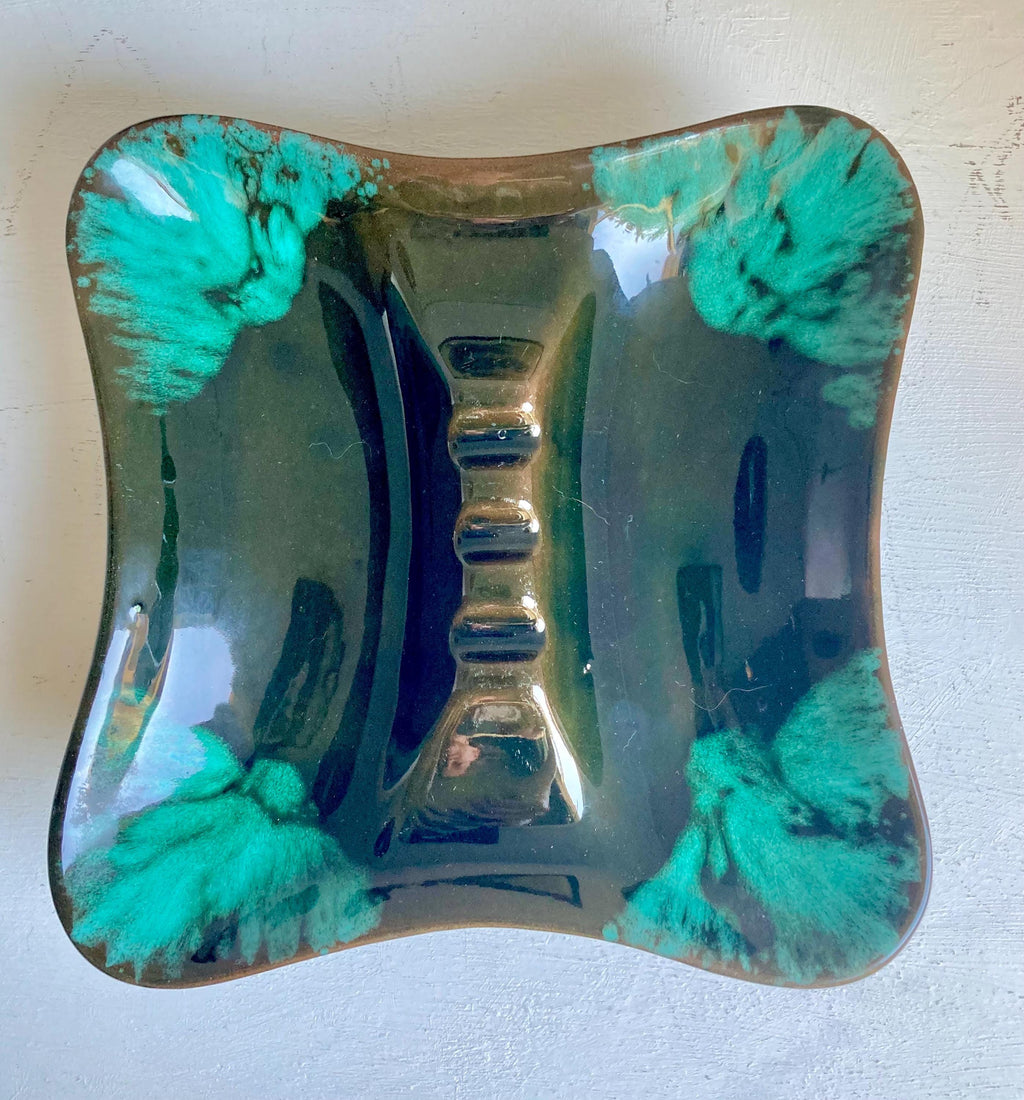Vintage MCM Drip Glaze Ceramic Ashtray: Turquoise & Olive Green