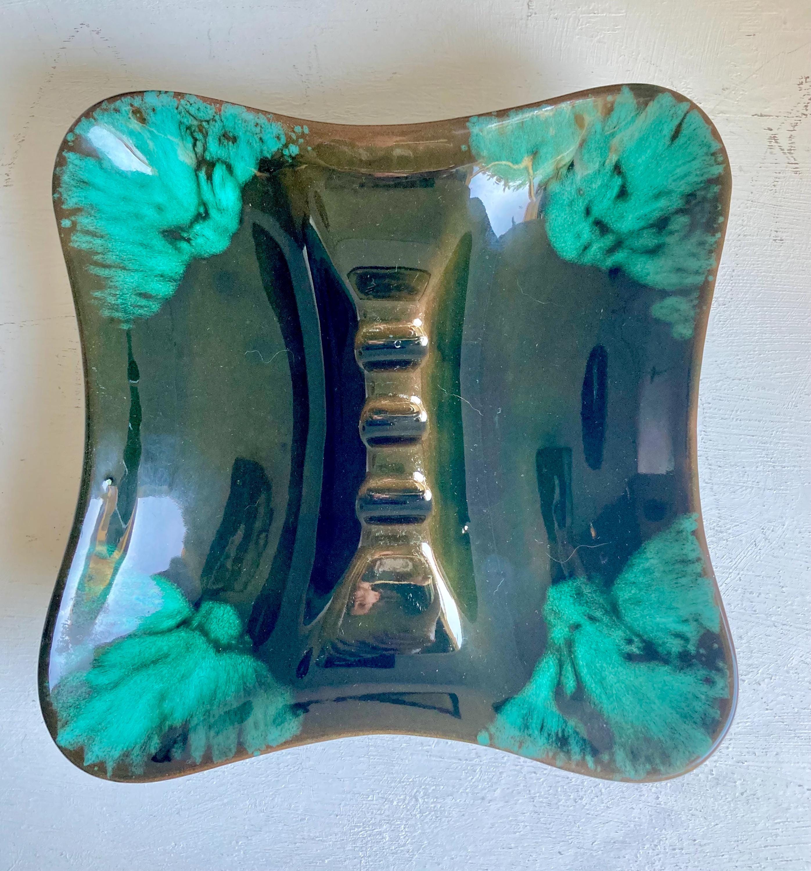 Vintage MCM Drip Glaze Ceramic Ashtray: Turquoise & Olive Green