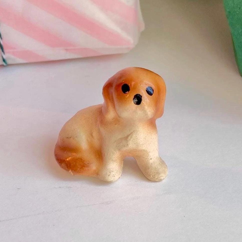 Vintage Teensy Ceramic Tawny Pup - Hand painted dog figurine 1 inch seated pup