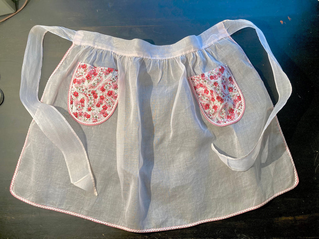 Vintage Pink Floral Organdy Apron: Hand-stitched Hostess Style