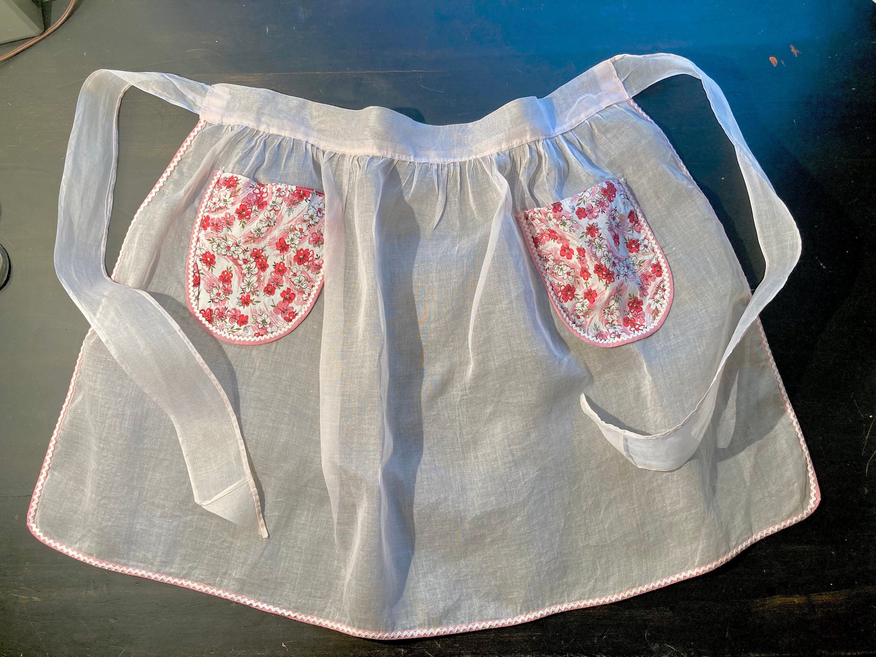 Vintage Pink Floral Organdy Apron: Hand-stitched Hostess Style