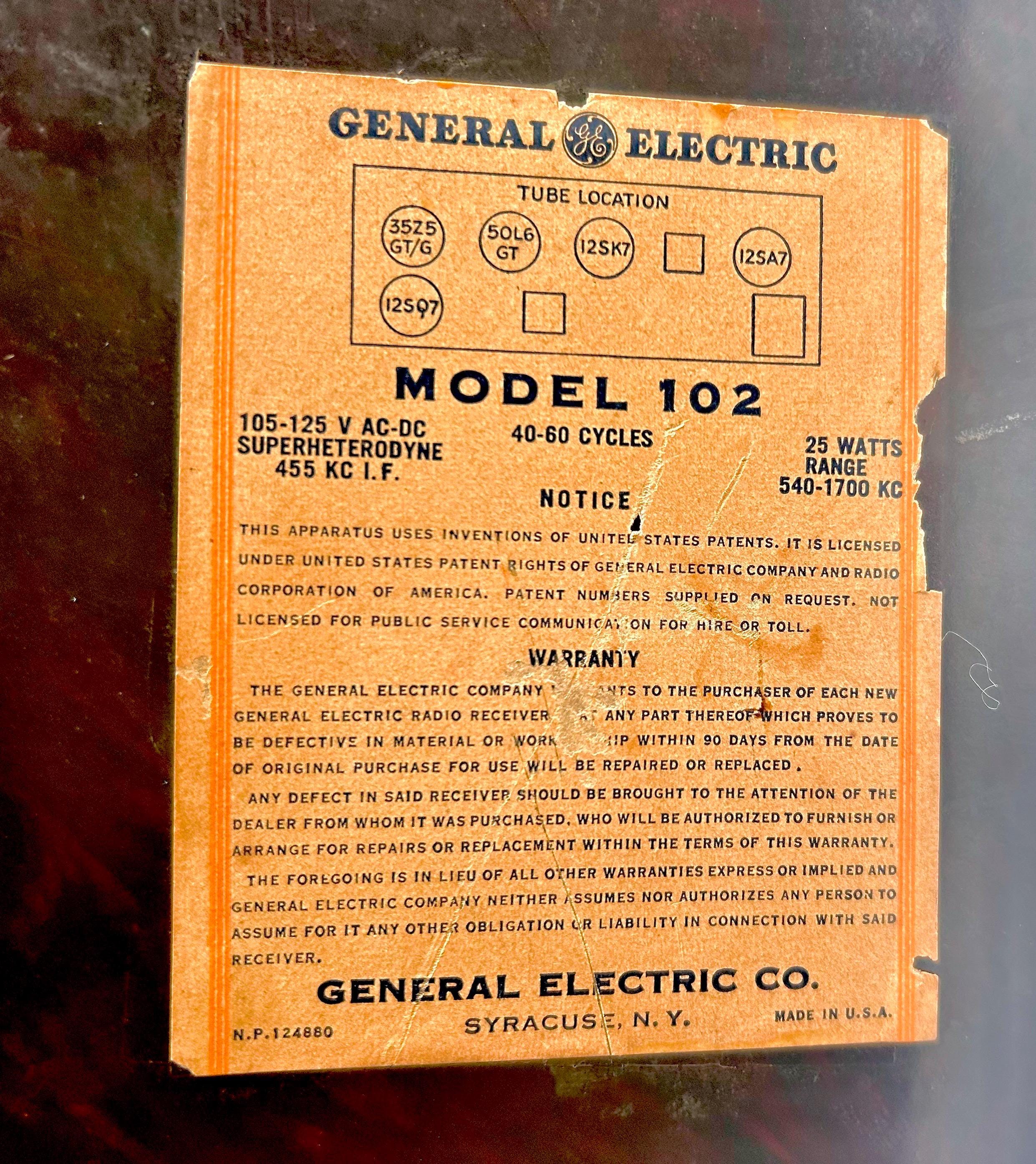 1948 GE Tube Radio: Working Vintage Bakelite Radio, Model 102