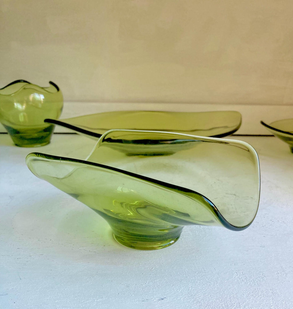 Vintage Viking Green Glass Epic Pattern: CHOOSE from various options, candleholder pair, bowls, dish