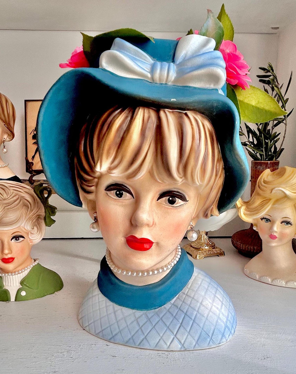 Vintage Napcoware LARGE Head Vase: 1960s Lady with Teal Blue Hat, Pearls