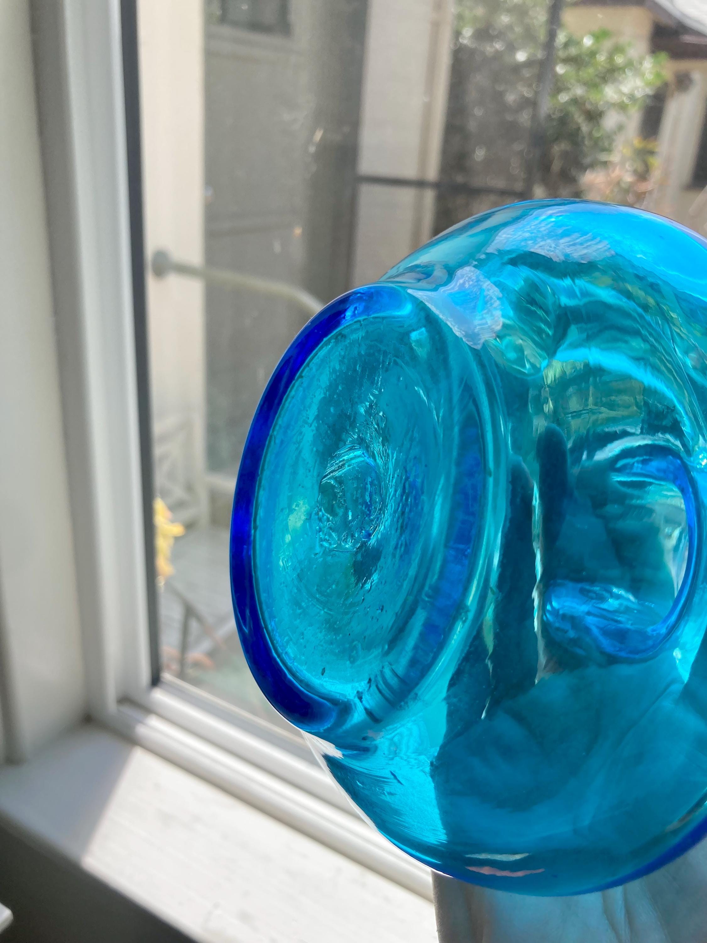 Vintage Blown Blue Glass Pitcher: Applied Clear Handle, Broad Base