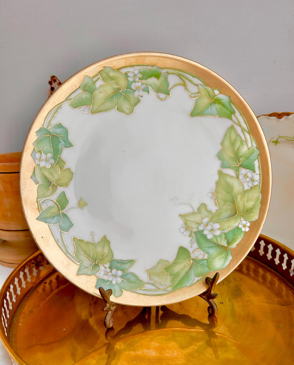 Vintage P.T. Bavaria Porcelain Plate: Hand Painted Ivy & Gold Trim (8.5")