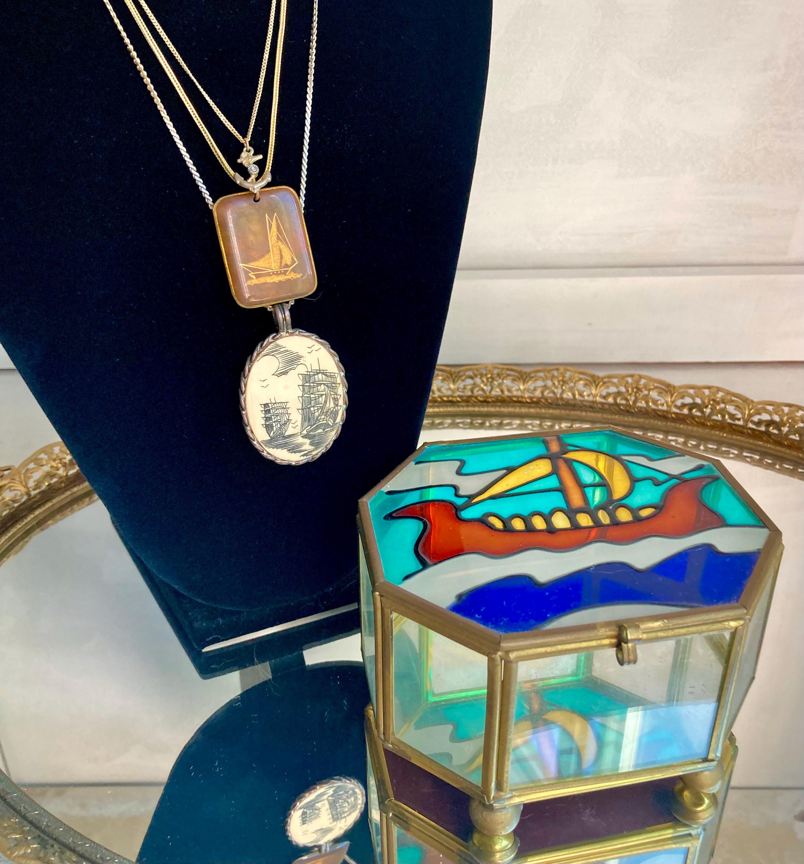 Vintage Nautical Stained Glass and Brass Jewelry Box