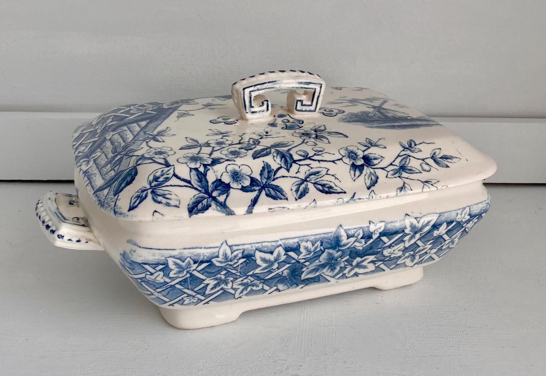 Antique Blue & White Transferware Casserole Dish: 1880s J.H. Davis Victor with Windmill