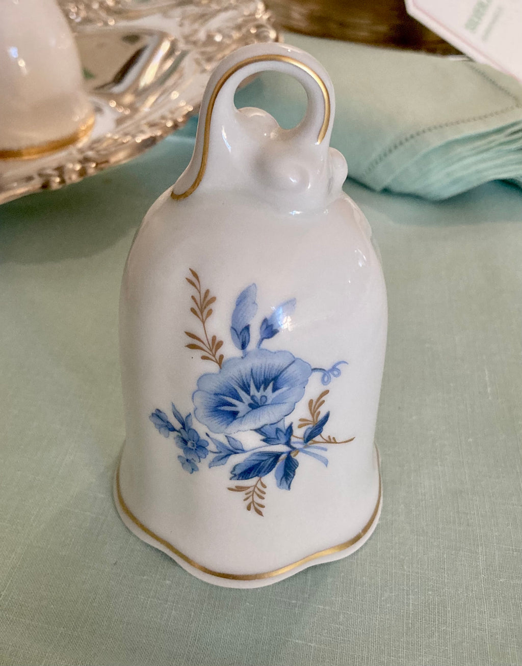 Vintage Porcelain Bell - Blue Flowers on White - gold trim