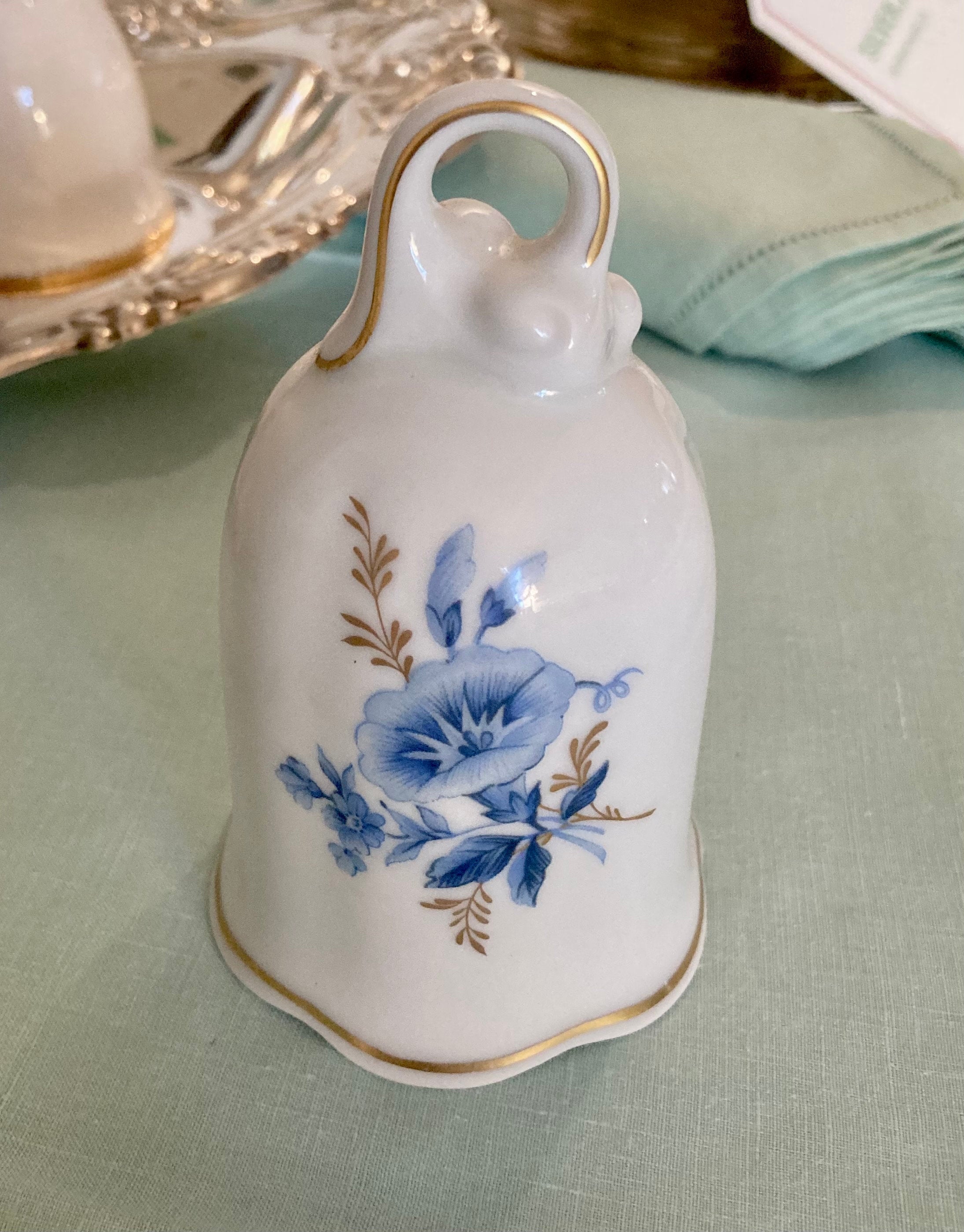 Vintage Porcelain Bell - Blue Flowers on White - gold trim