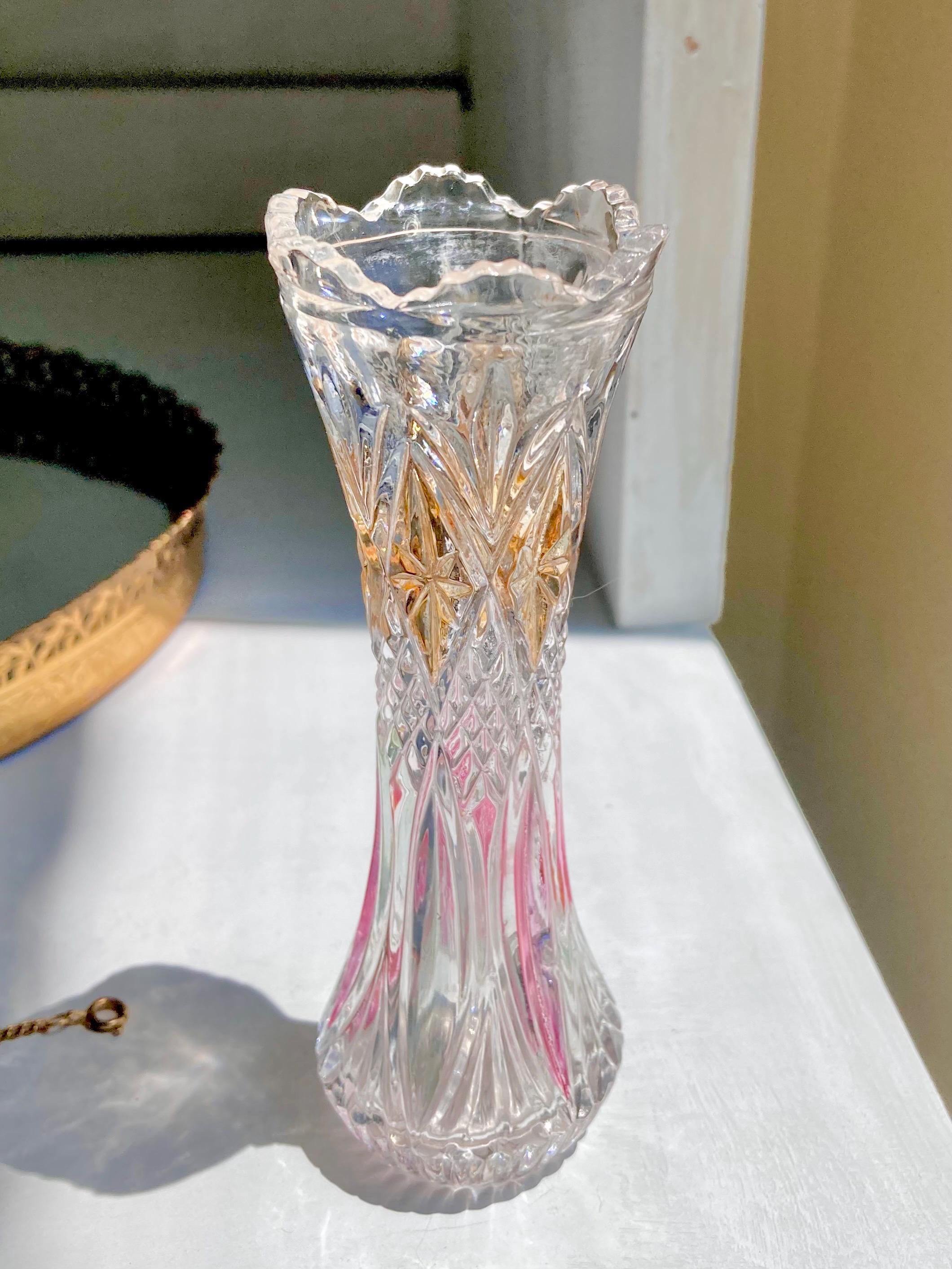 Vintage Pressed Glass Bud Vase - Fluted Ruffled Rim, Diamond Cut