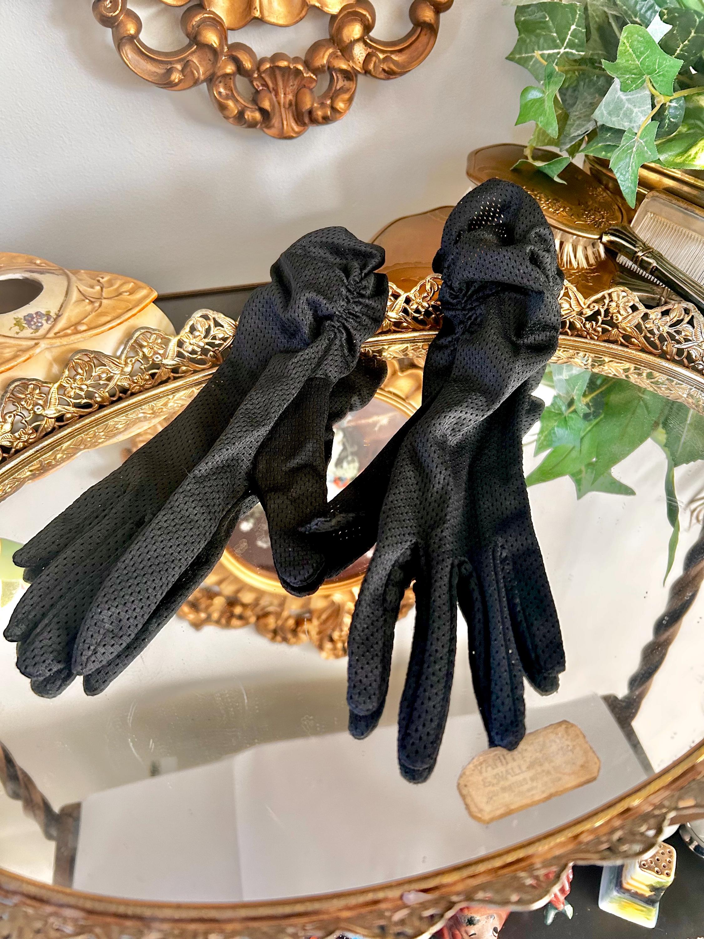 Vintage Ruched Ladies Gloves in Perforated Black Nylon, USA