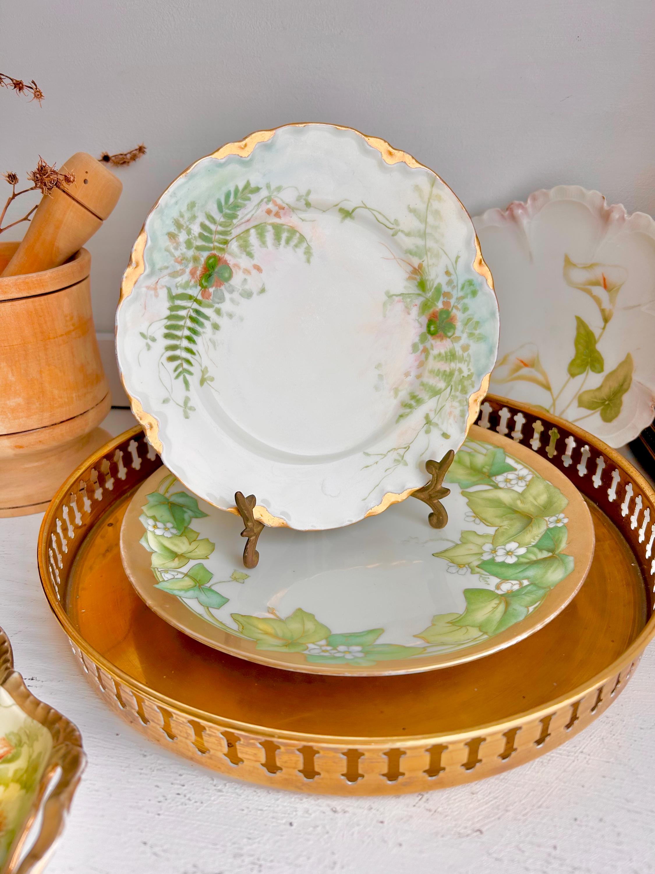 Vintage Bavaria Porcelain Plate: Shamrock Fern Leaf Gold Trim Detail