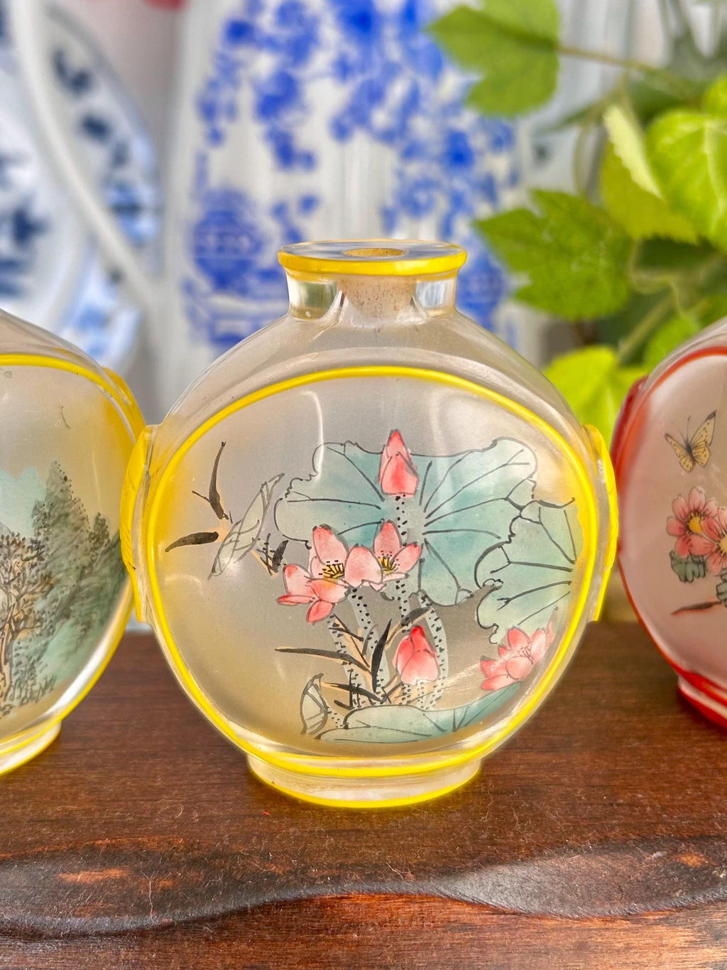 Vintage Chinese reverse Painted Carved Glass Snuff Bottles, 2-3 inch, Sold Individually