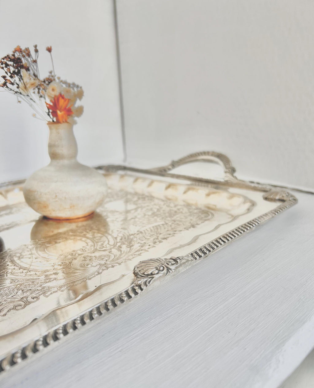 Vintage Silverplated Copper Tray: Neoclassical Seashell Rim, English Silver Co. - Vintage worn