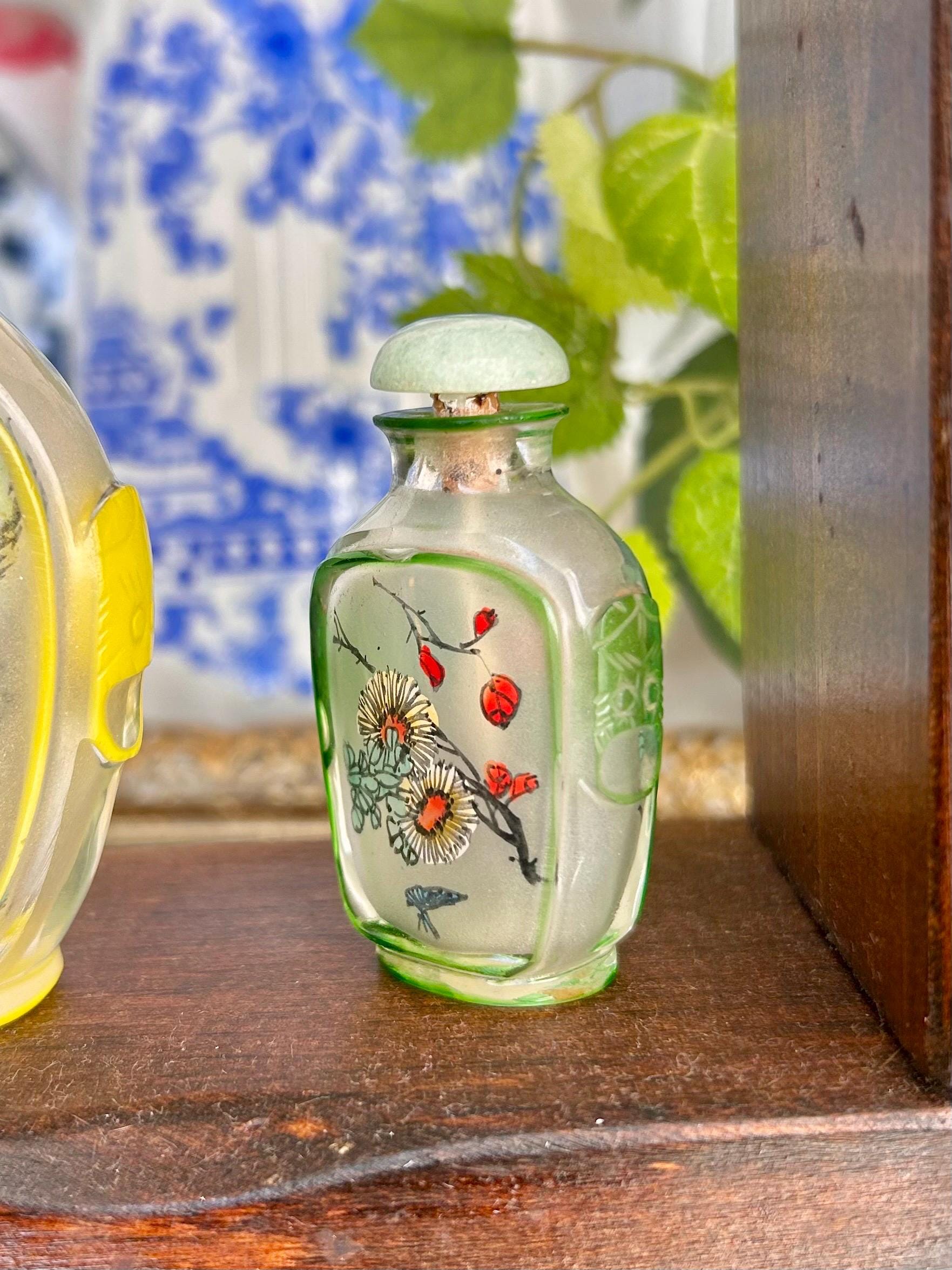 Vintage Chinese reverse Painted Carved Glass Snuff Bottles, 2-3 inch, Sold Individually