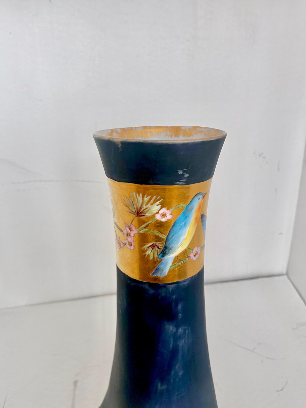 Heinrich & Co Selb Antique Vase with Bluebirds, Large Dark Blue