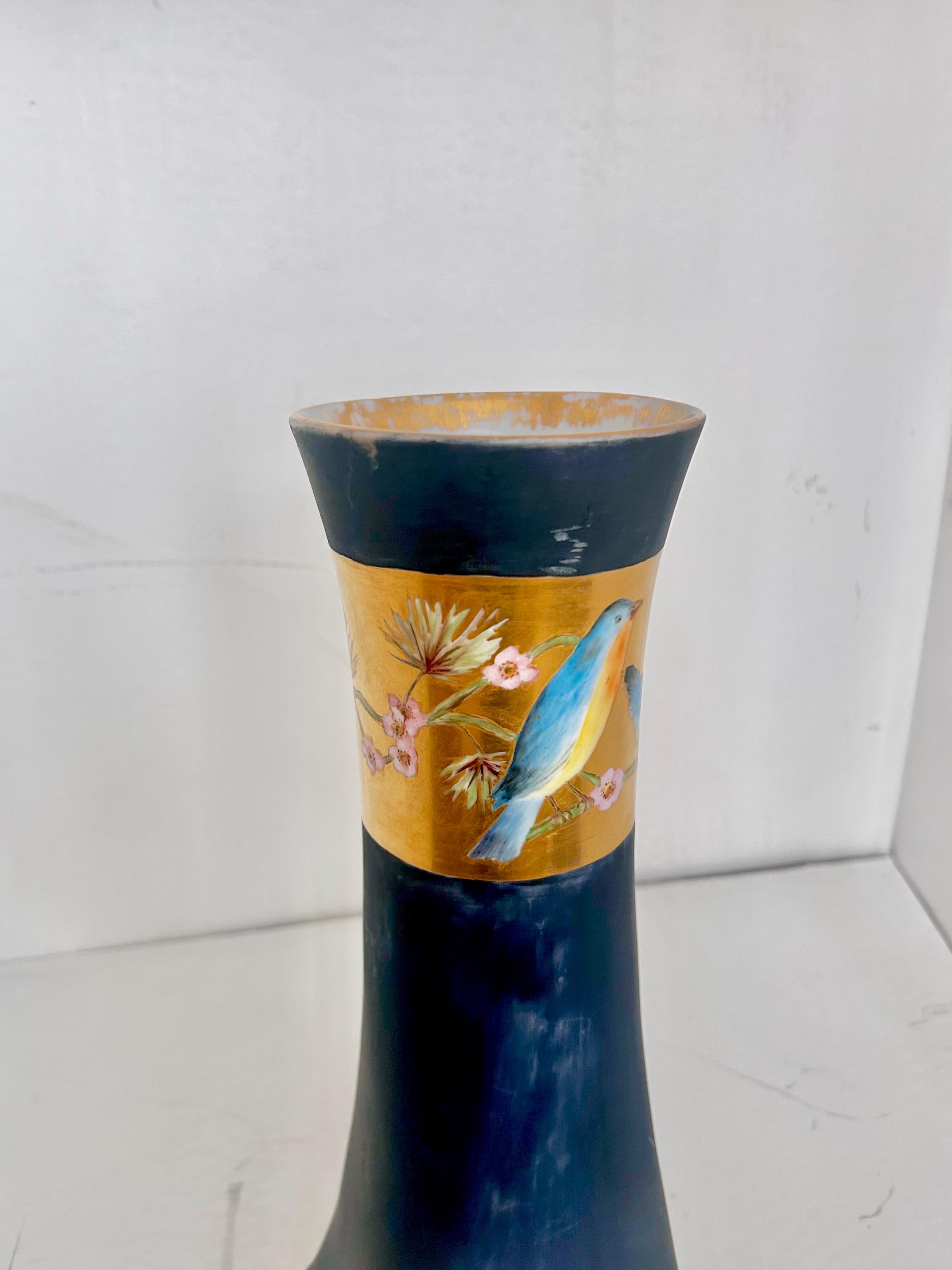 Heinrich & Co Selb Antique Vase with Bluebirds, Large Dark Blue