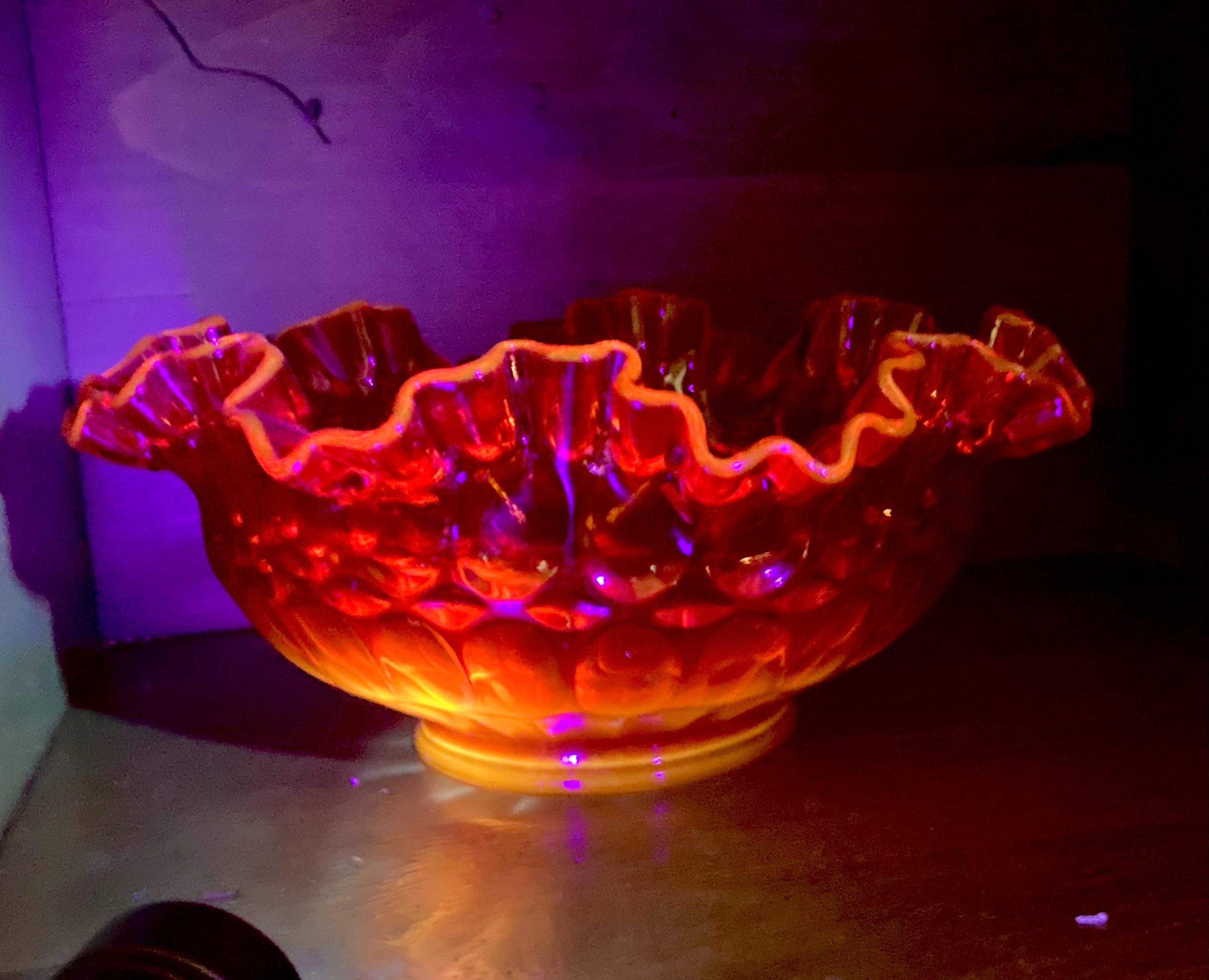 Vintage Fenton Amberina Glass Bowl: Red-Orange Ruffled Rim, UV Reactive