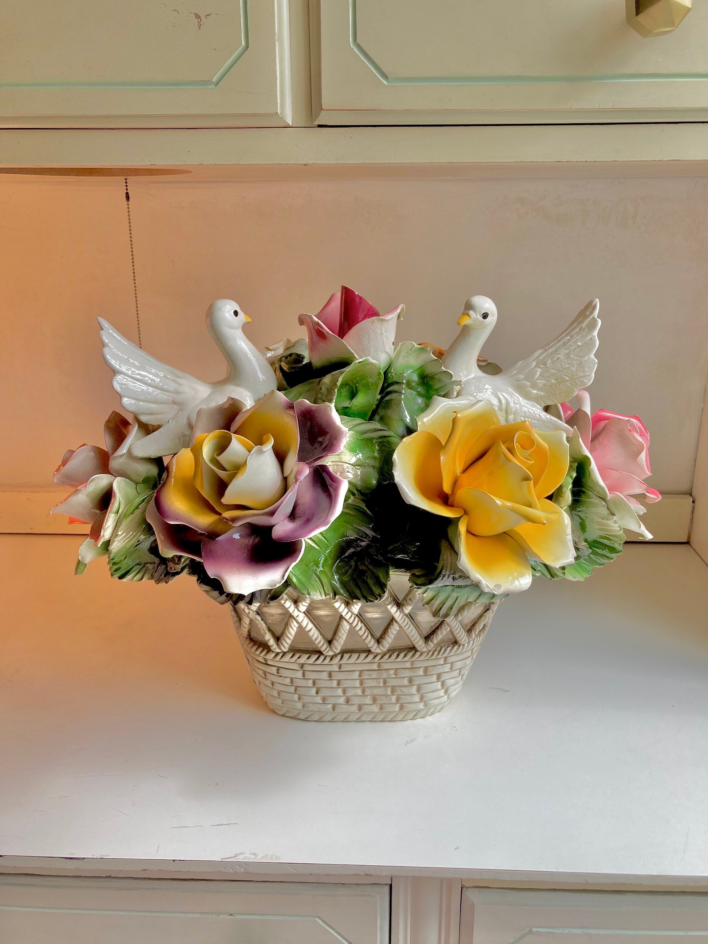 1970s Nuova Capodimonte 17" Grand Centerpiece with Pair of Doves, Basket of Roses
