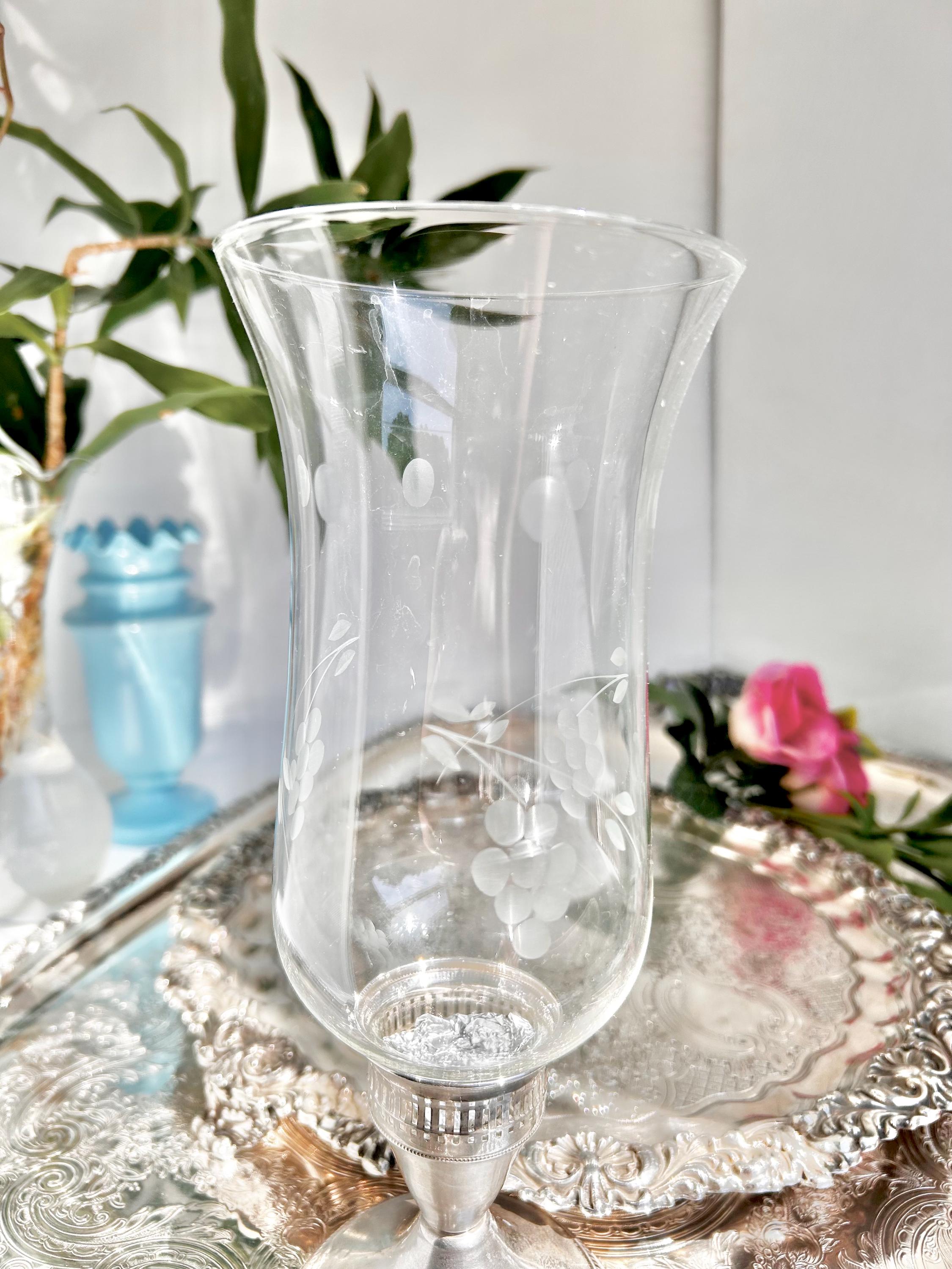 Vintage Weighted Sterling Silver Hurricane Candle Holder with Etched Grape Shade