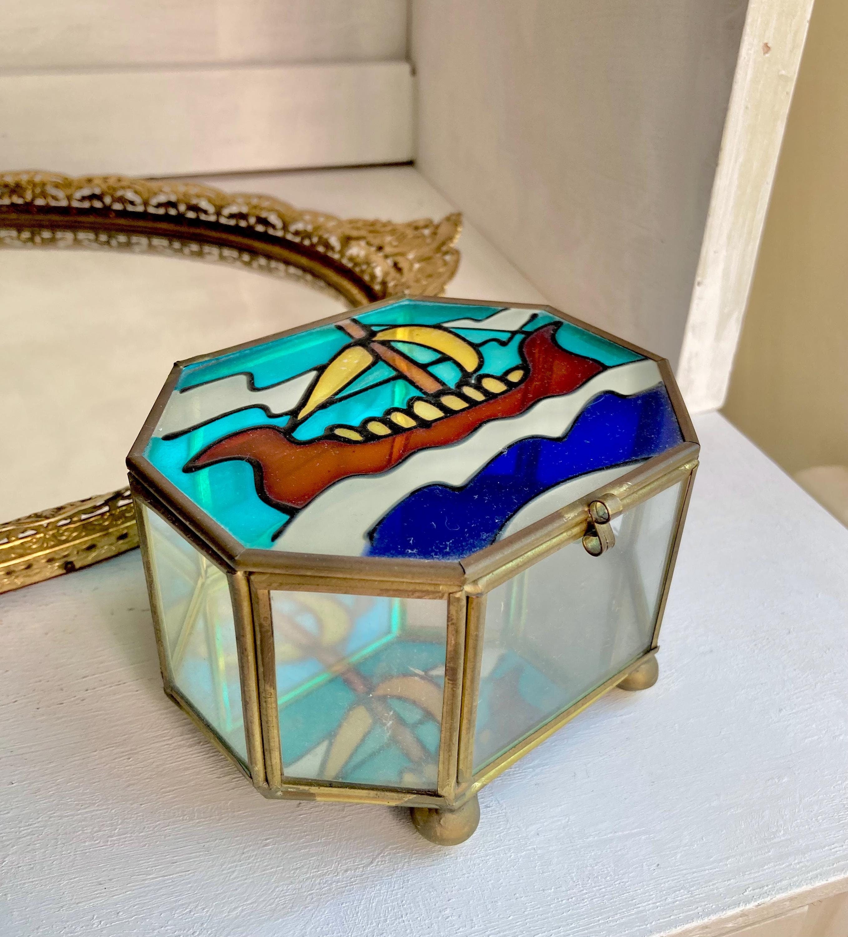 Vintage Nautical Stained Glass and Brass Jewelry Box