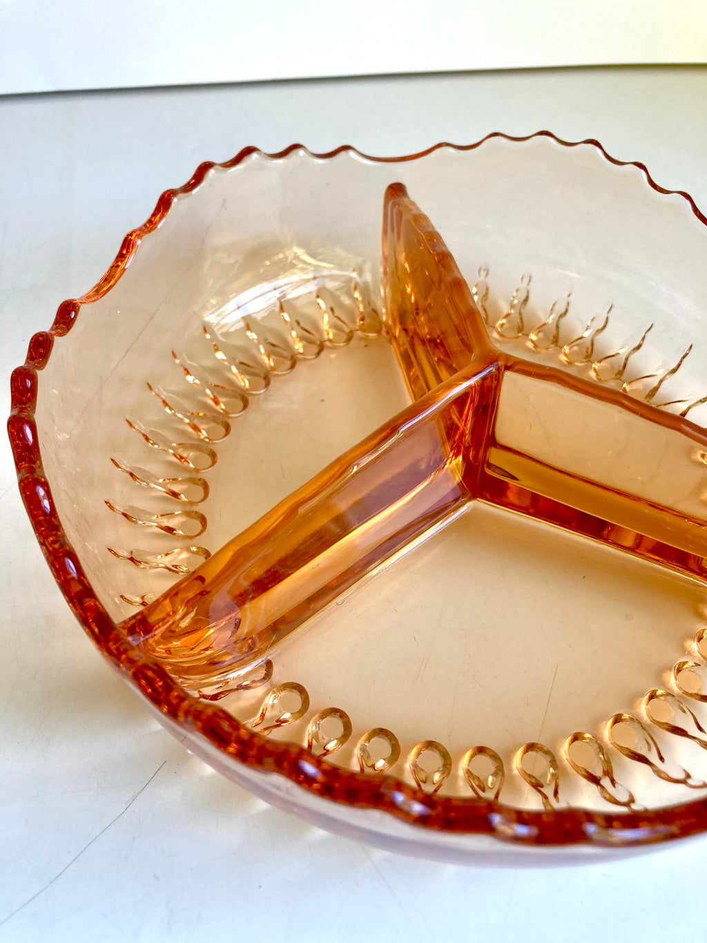 Vintage Amber Glass Divided Dish: Sawtooth Edge, 7-inch