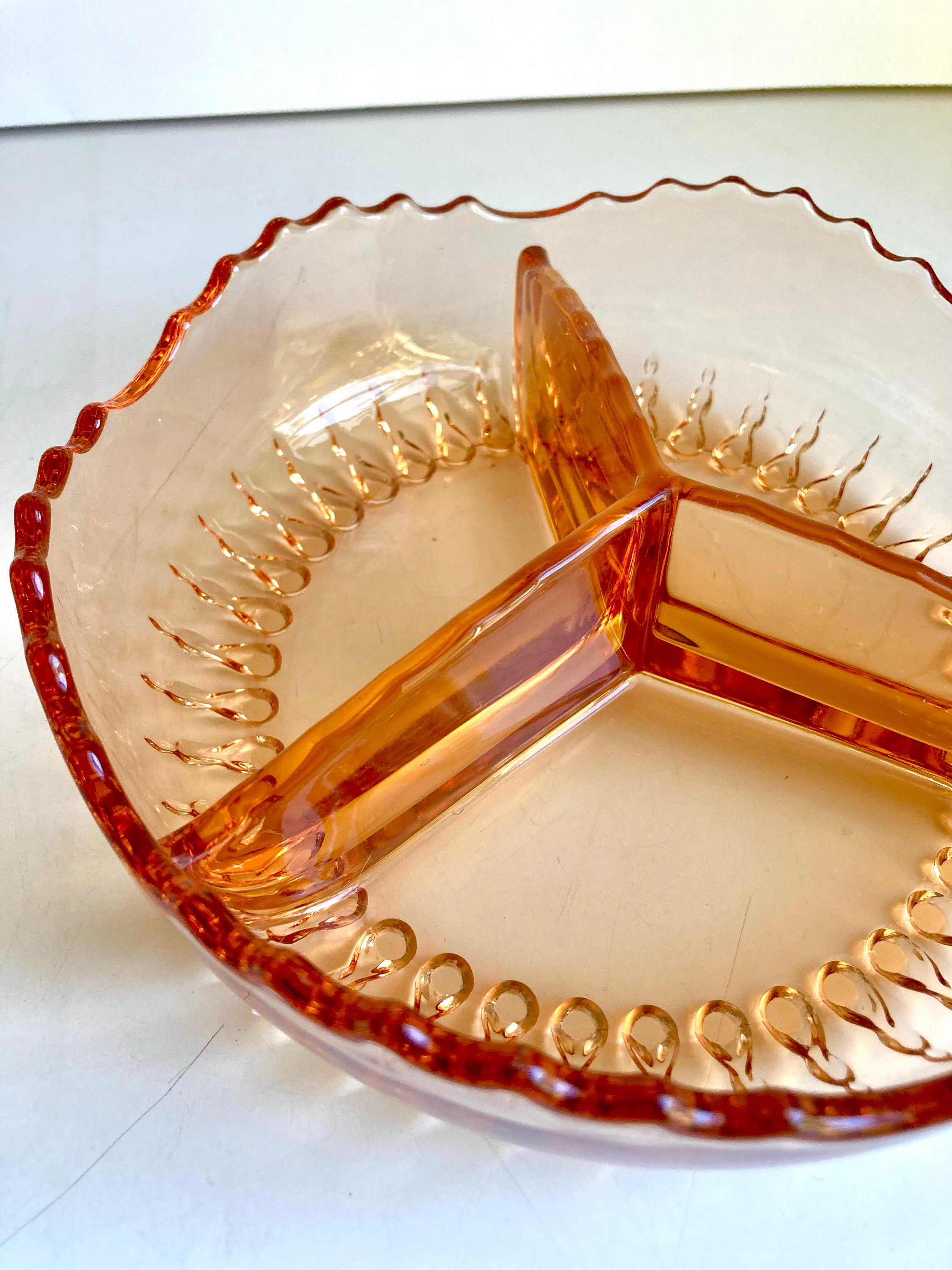 Vintage Amber Glass Divided Dish: Sawtooth Edge, 7-inch