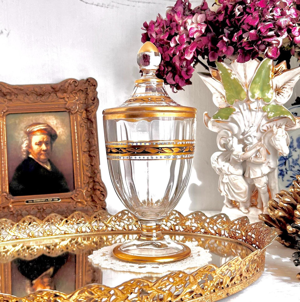 Vintage Gilt Glass Pedestal Lidded Dish