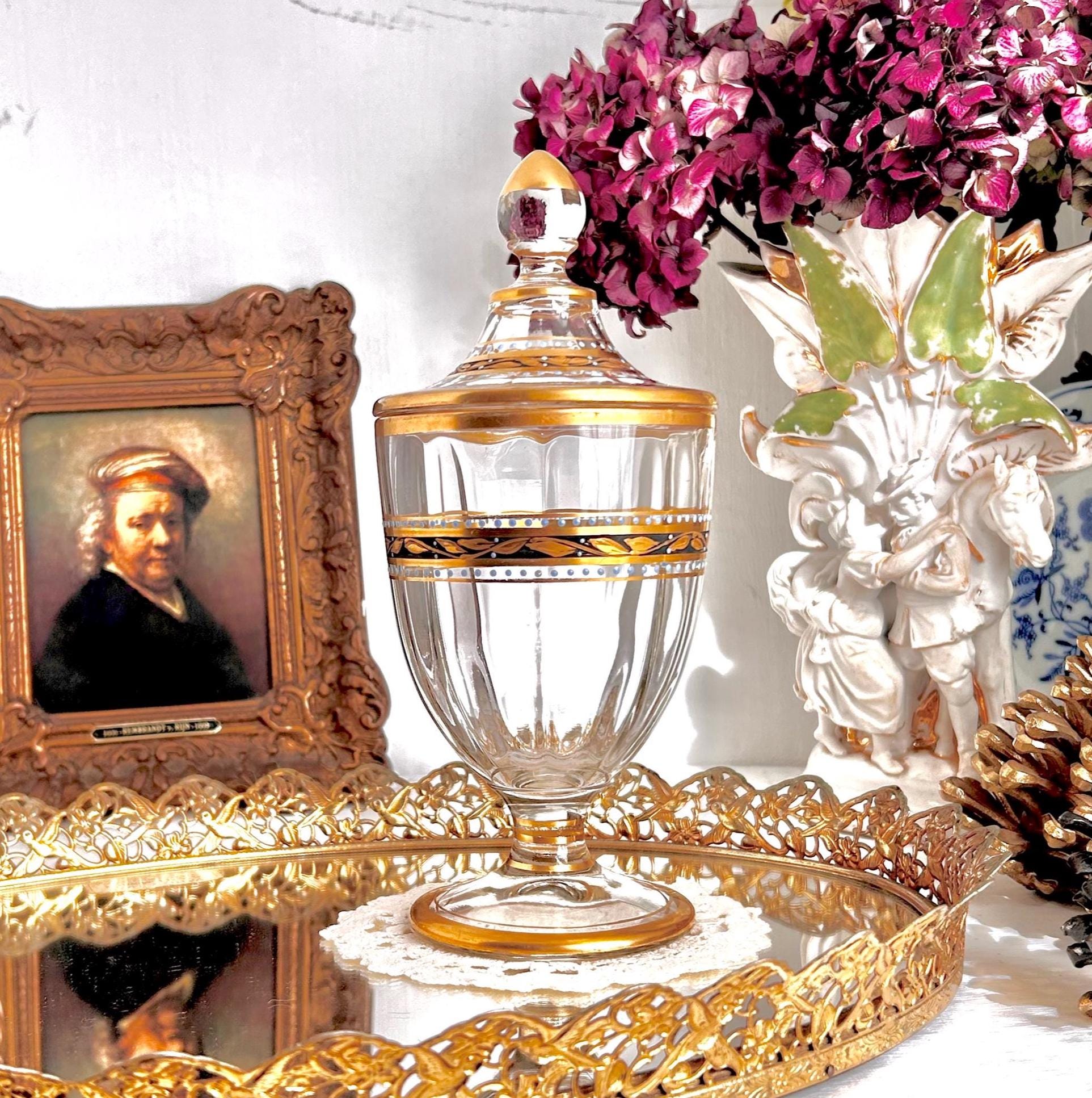 Vintage Gilt Glass Pedestal Lidded Dish