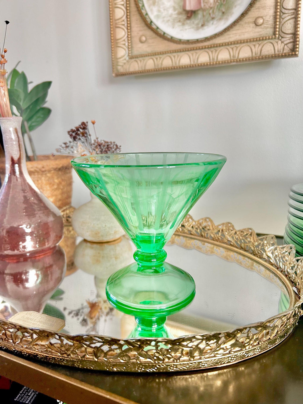 Vintage Uranium Green Heavy Pressed Glass Pedestal Sherbet Dish, Etched