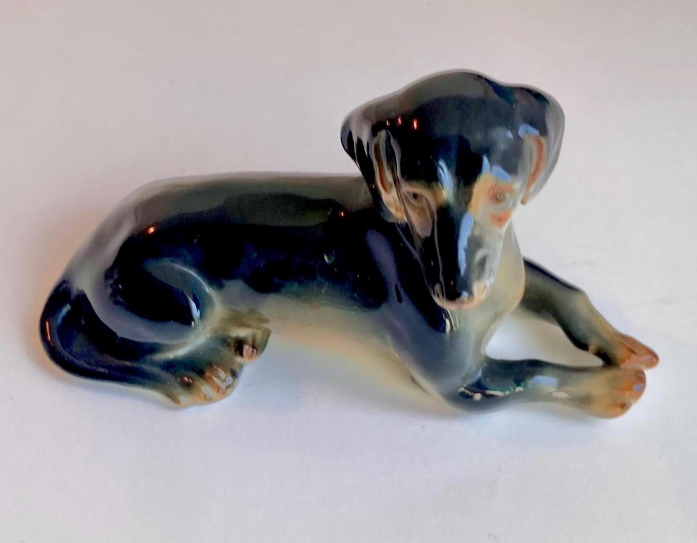 Vintage German-made Ceramic Dog Figurine - Hand painted Lifelike reclining Dacshund
