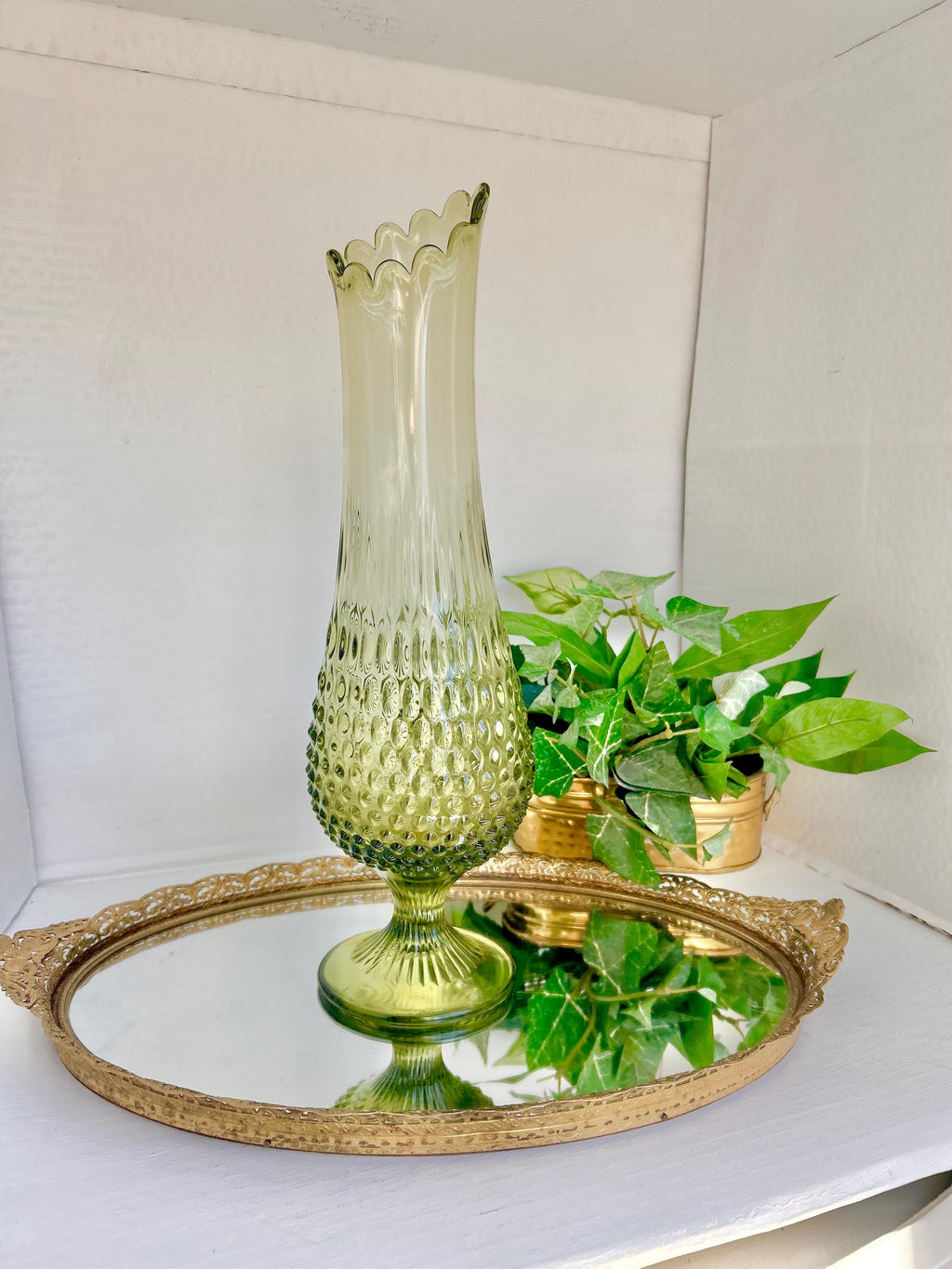 Mid-Century Fenton 17 inch Glass Swung Vase: Avocado Green Hobnail, 1960s