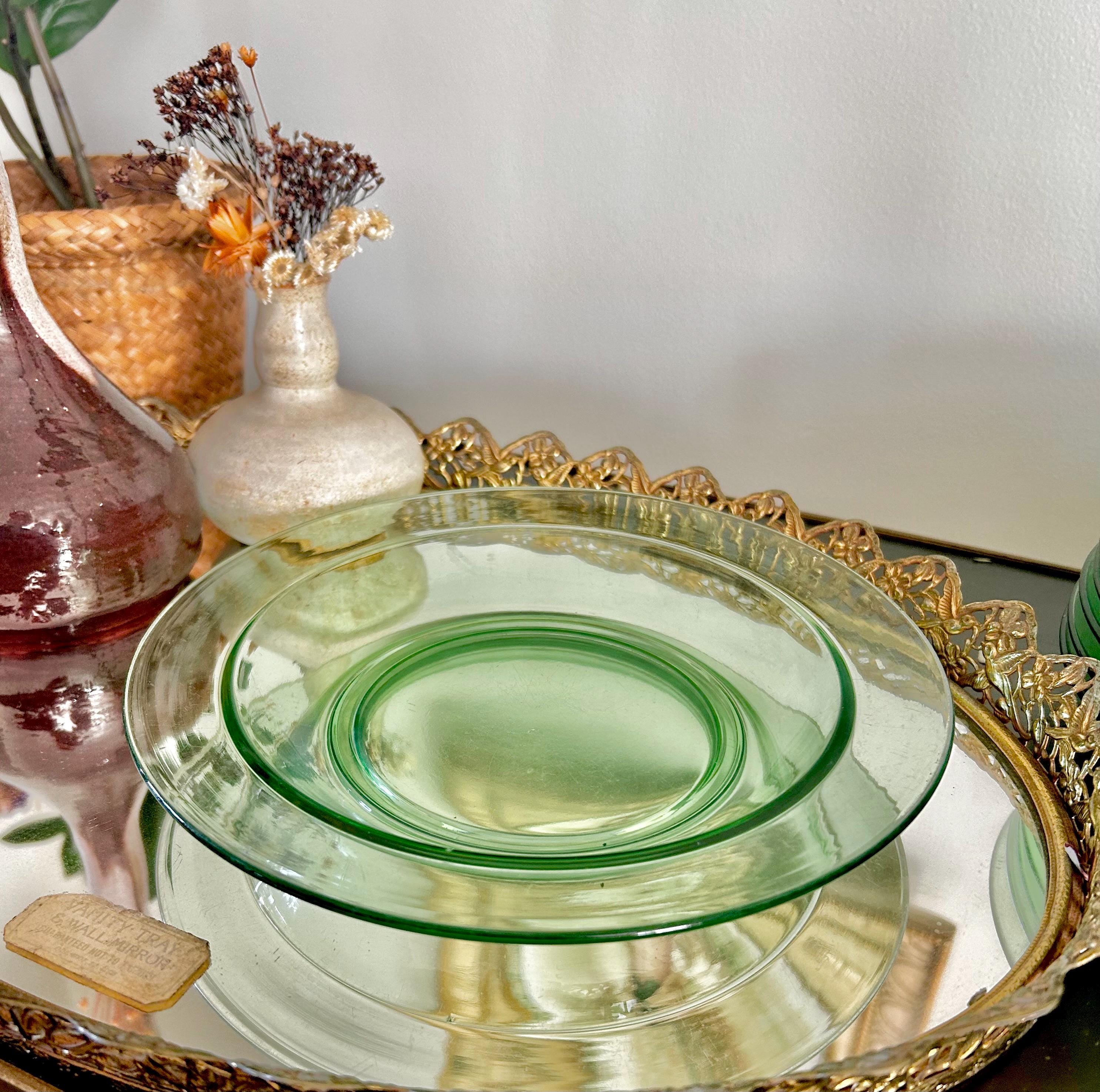 Vintage Uranium Green Heavy Pressed Glass Dish