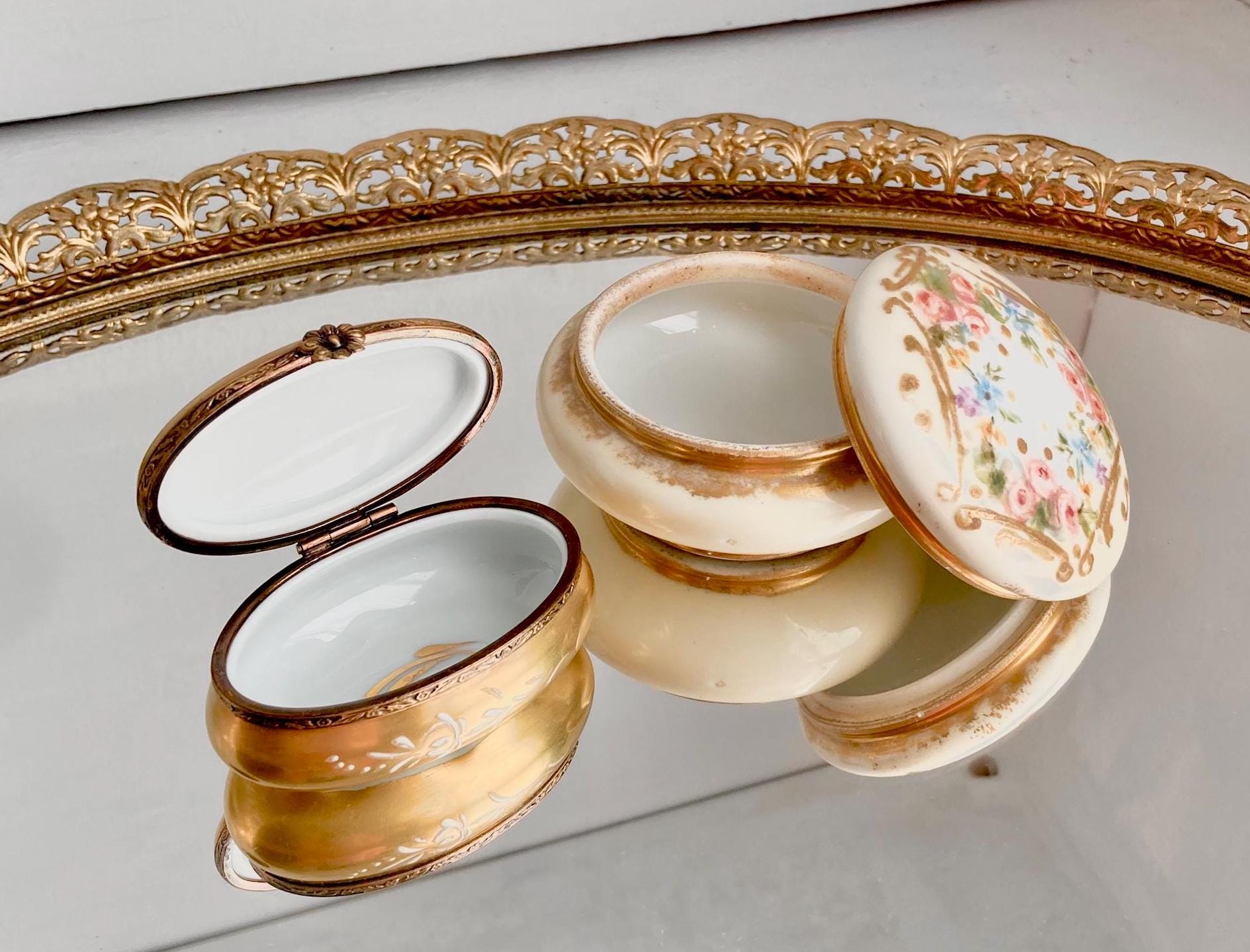 Vintage Limoges Porcelain Lidded Box: Hand-Painted Floral Gilt Jewelry Box